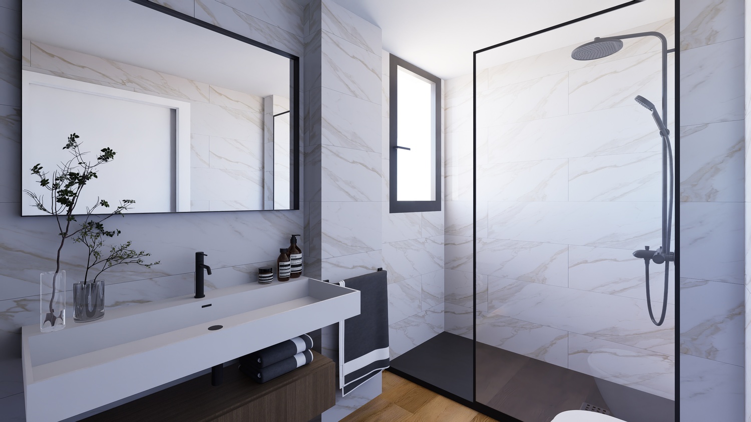 Baño moderno con revestimiento cerámico efecto mármol, ducha italiana con perfilería negra y lavabo integrado sobre un mueble de madera suspendido.