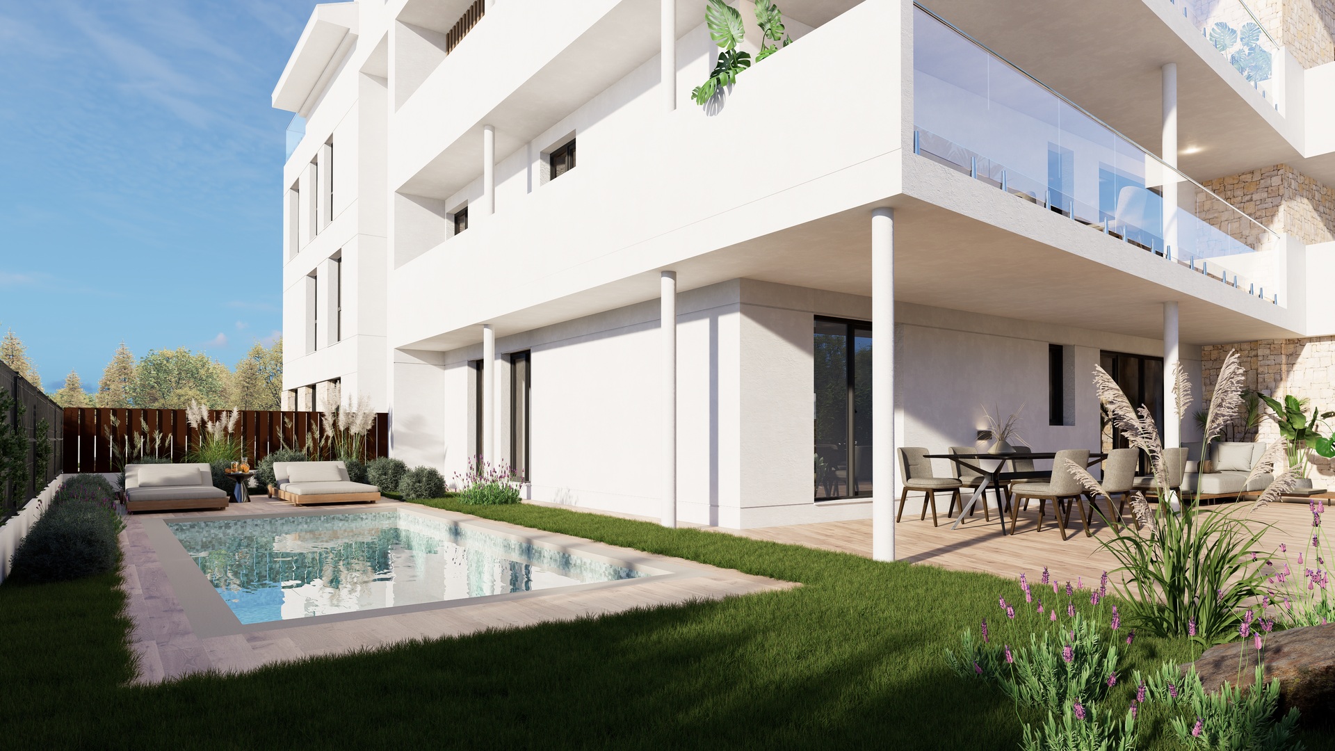 Exterior de planta baja con piscina privada, terraza de gres cerámico efecto madera, zona de comedor exterior y jardín paisajístico.