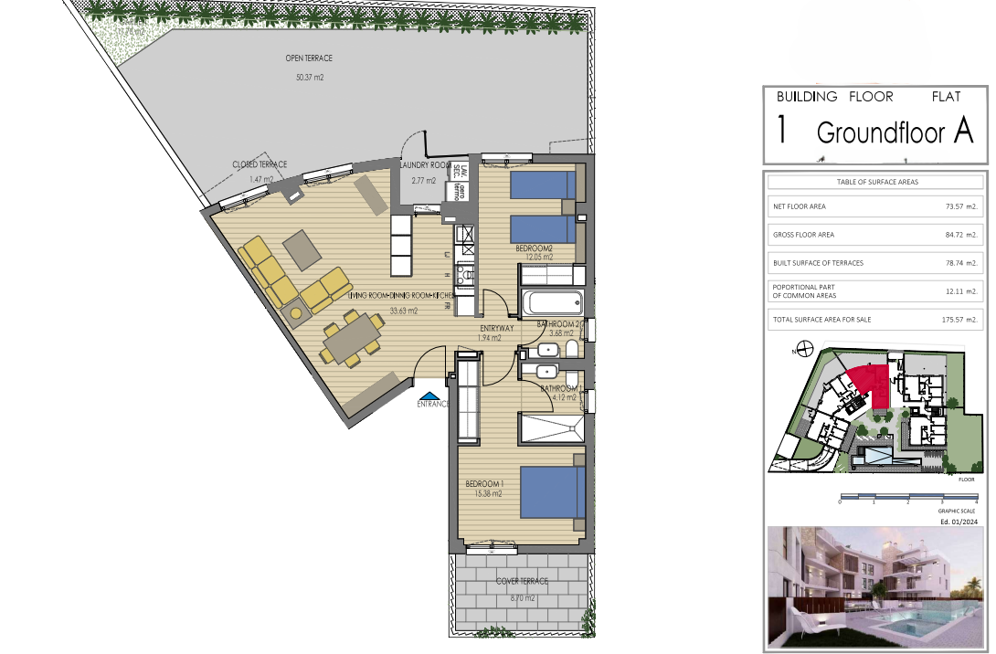 Plano técnico de la Planta Baja A en el Edificio 1, que muestra 2 dormitorios, 2 baños y una gran terraza abierta de 50 m² conectada al salón-comedor.