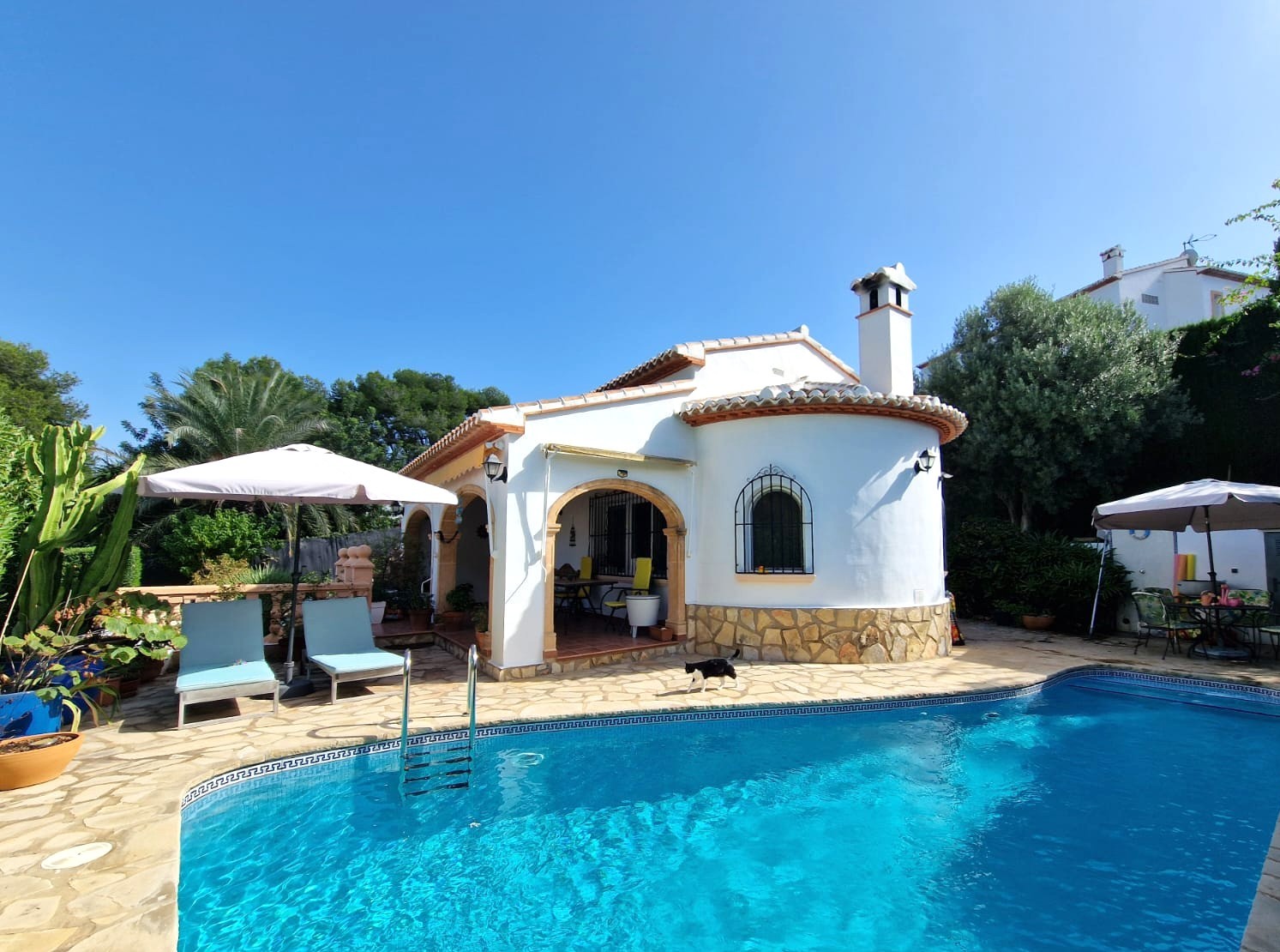 Vista exterior de la villa con fachada blanca y detalles en piedra, terraza de piedra natural y piscina privada rodeada de vegetación mediterránea.