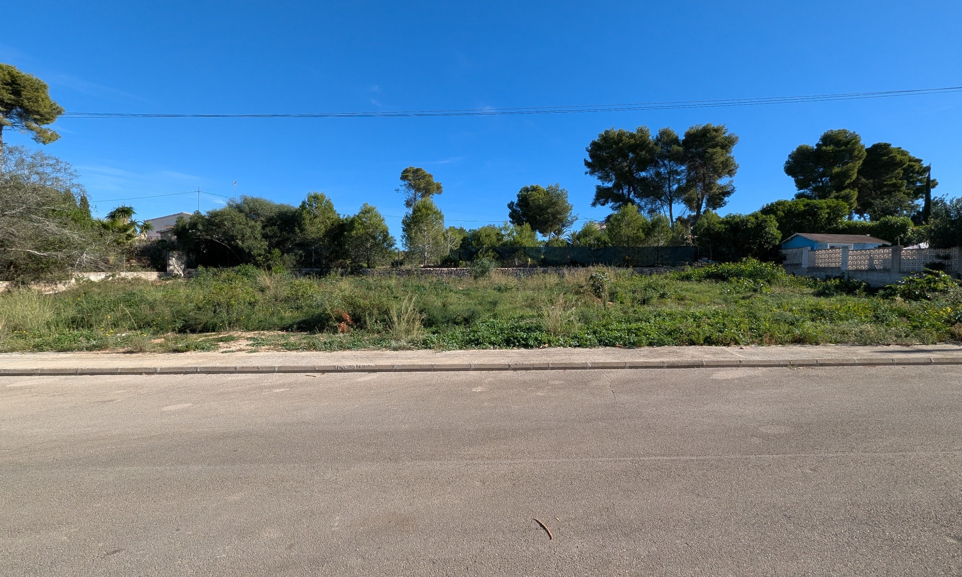 Parcela llana de 889 m² en Pinosol, Jávea, con amplio frente a pie de calle, vegetación perimetral autóctona y terreno nivelado listo para iniciar la construcción.