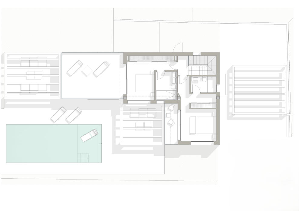 Plano arquitectónico detallado de la villa que muestra la distribución de la planta, con piscina integrada, amplias terrazas con pérgolas y dormitorios en suite.