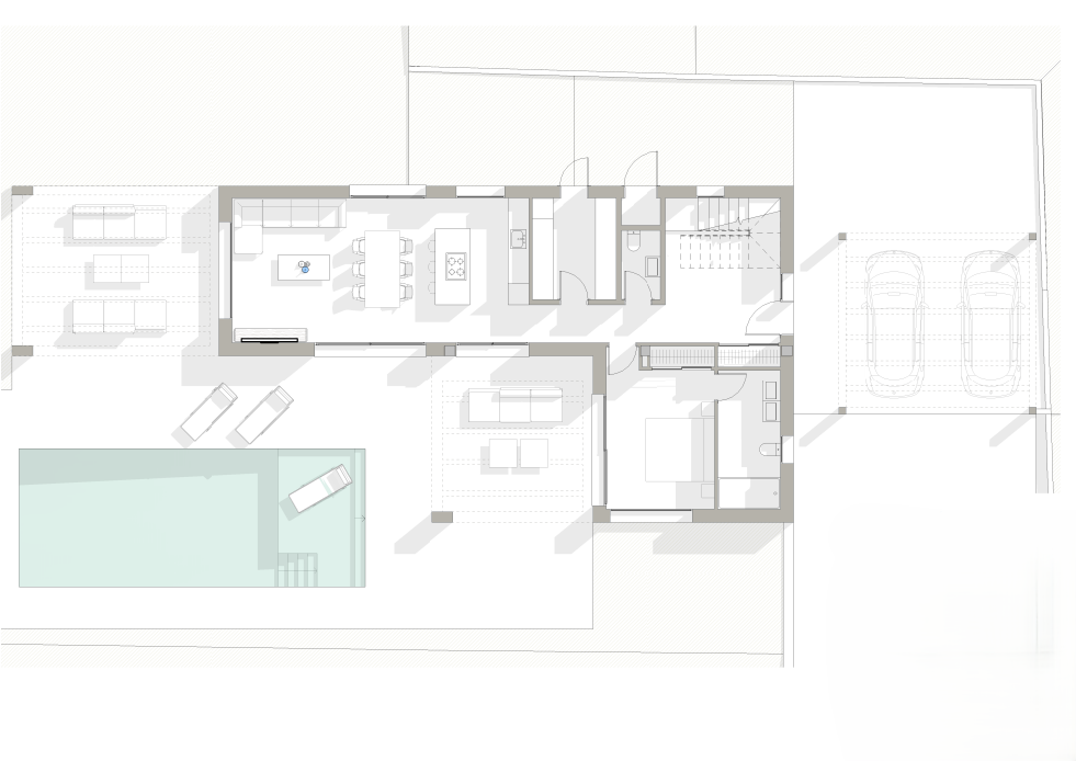 Plano técnico de la planta baja que detalla el salón-comedor diáfano, un dormitorio en suite, amplias terrazas, piscina de 10x4m y zona de aparcamiento doble.