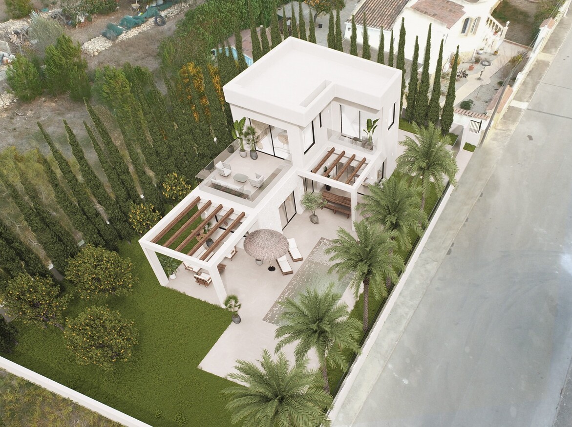 Vista aérea del proyecto de villa moderna con fachadas blancas, pérgolas de madera, piscina privada y jardín mediterráneo con palmeras y cipreses.