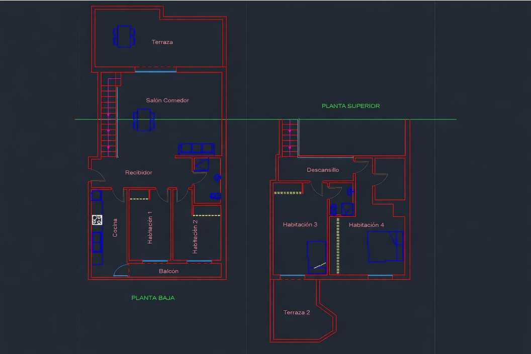 Plano arquitectónico del ático dúplex que detalla la distribución de las dos plantas, con cuatro dormitorios, salón-comedor, cocina independiente y amplias terrazas exteriores.