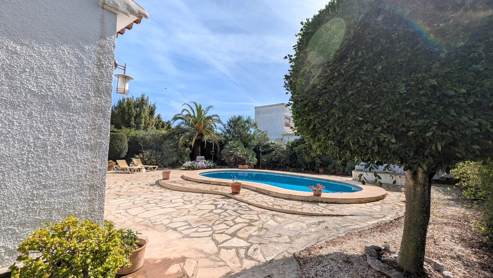 Piscina privada de forma arriñonada rodeada de pavimento de piedra natural y un jardín mediterráneo maduro con palmeras y zonas de solárium.