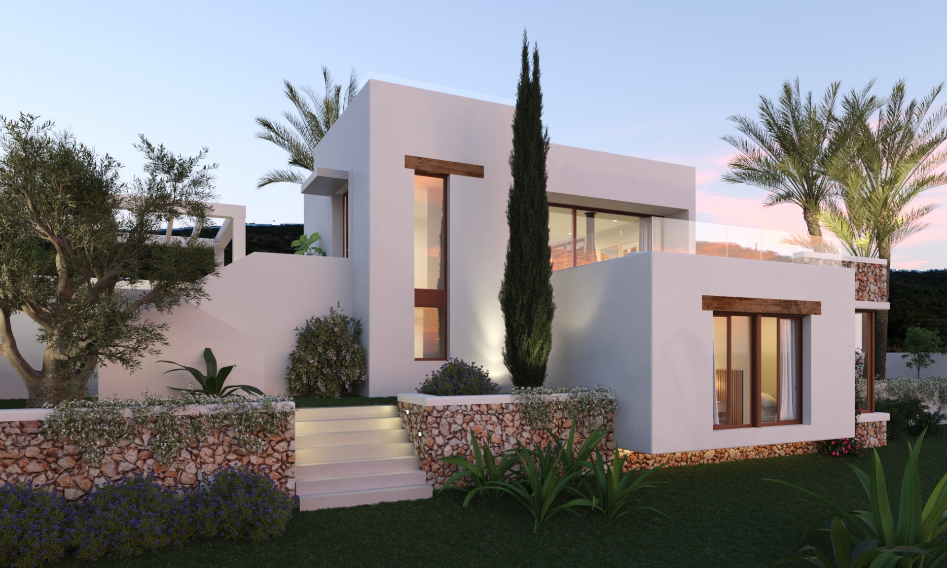 Exterior de villa moderna con fachadas blancas, muros de piedra seca y vigas de madera. Incluye terraza superior con barandilla de cristal y jardín con iluminación integrada.