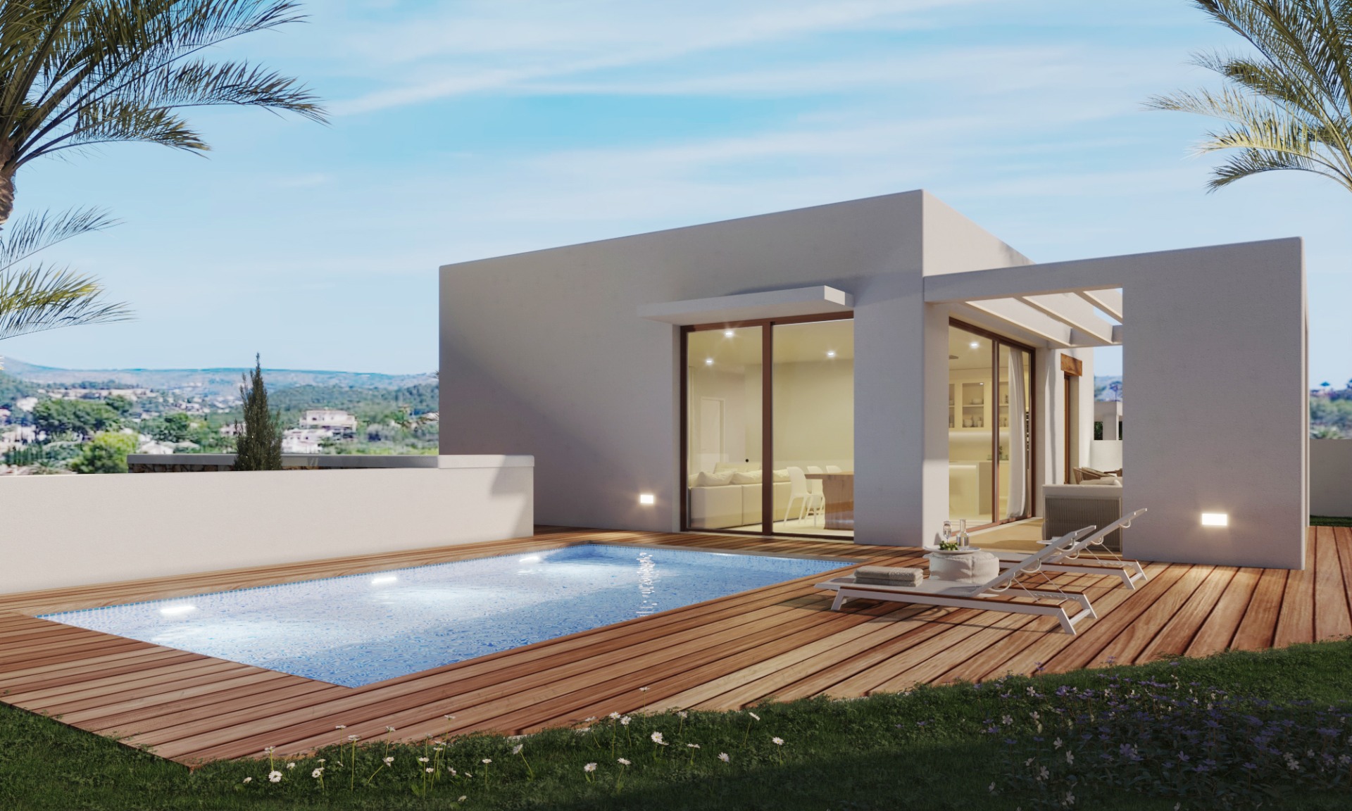 Exterior de villa moderna con piscina rectangular, tarima de madera y fachada blanca minimalista. Grandes ventanales conectan el salón con la terraza y vistas al Montgó.