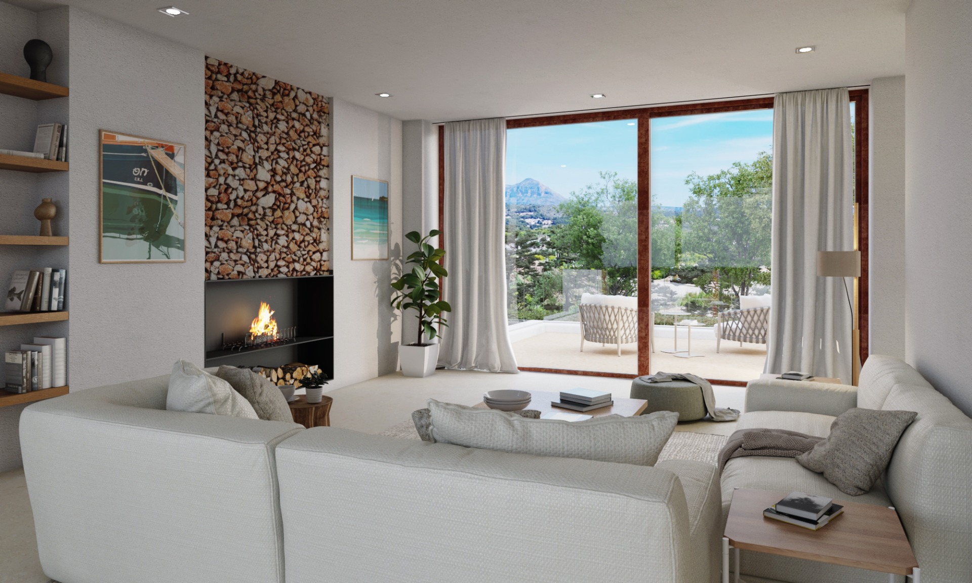 Salón moderno con chimenea integrada bajo un muro de piedra natural, amplios ventanales con acceso a la terraza y vistas despejadas al macizo del Montgó.