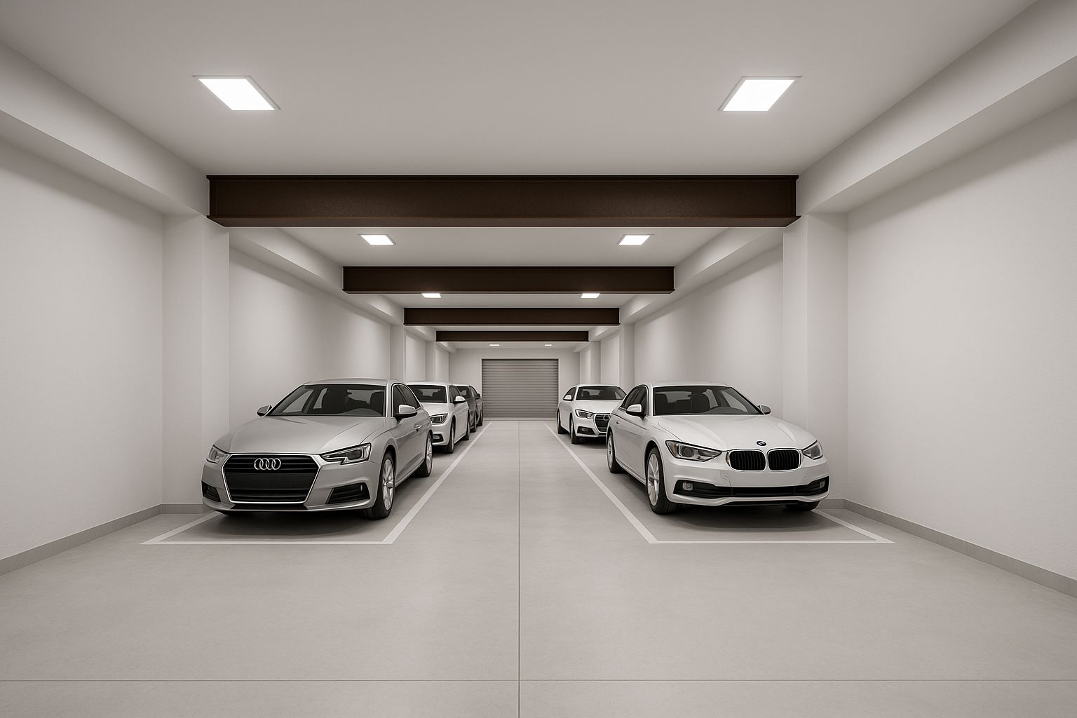 Amplio garaje interior con vigas estructurales vistas, iluminación LED empotrada y capacidad para múltiples vehículos, destacando su acabado minimalista y funcional.