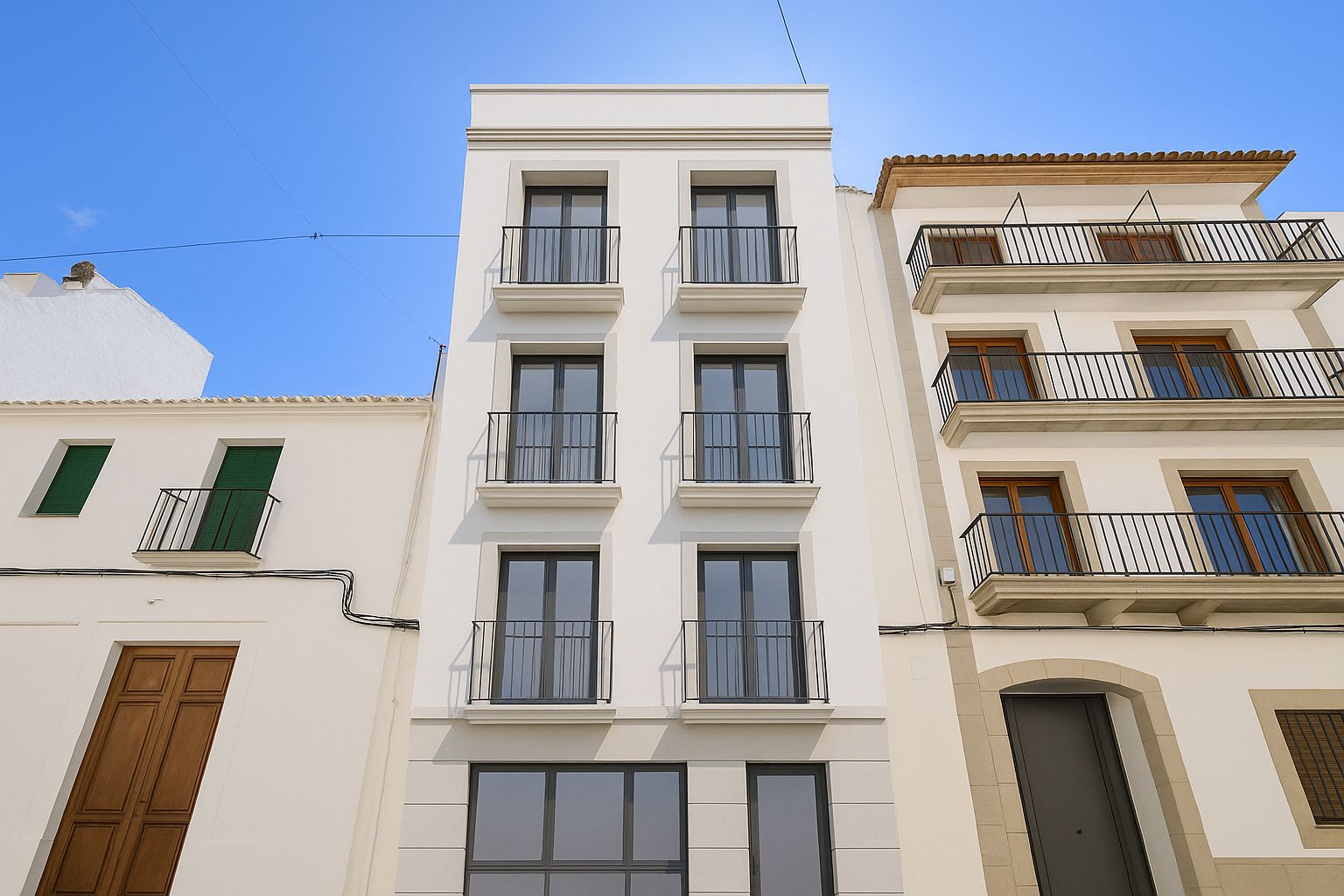 Fachada exterior de cuatro plantas con balcones de forja negra y amplios ventanales en la planta baja, situada en el casco urbano de Jávea.
