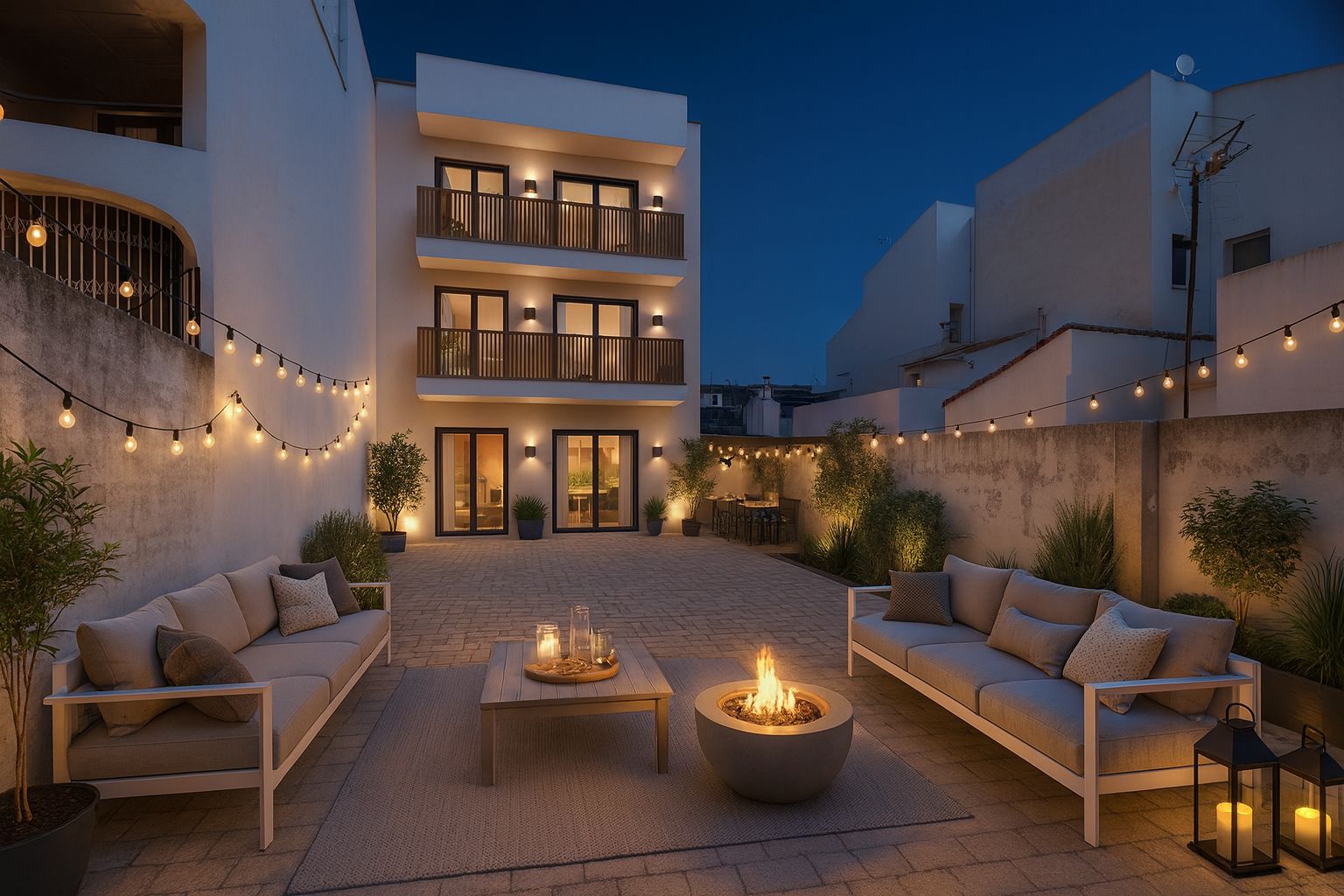 Patio interior pavimentado con zona de estar, brasero central y guirnaldas de luces. La fachada blanca muestra balcones modernos y acceso directo a la planta baja.