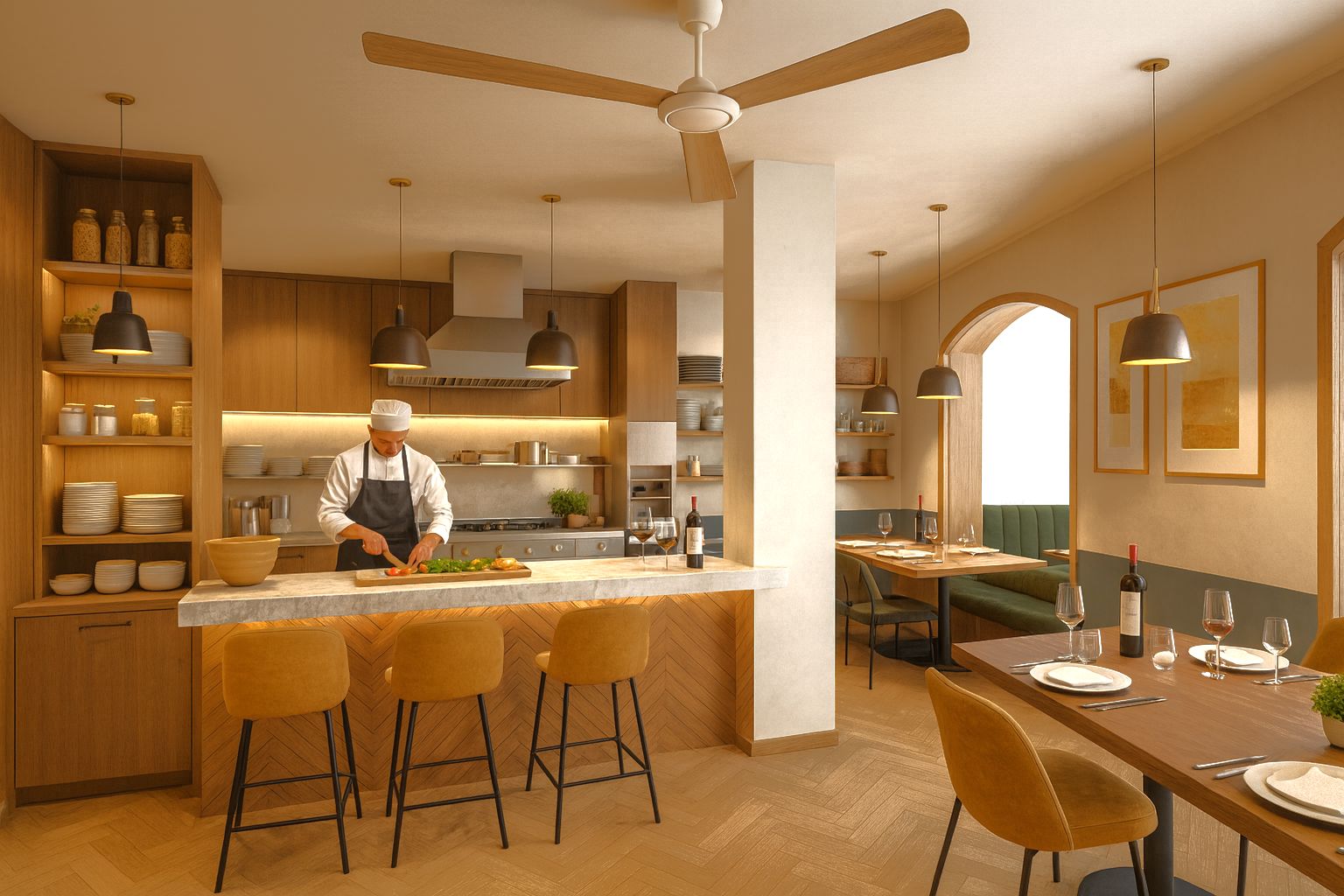 Cocina abierta de diseño con barra de mármol y base de madera en espiga, integrada en un comedor con suelos de madera y luminaria contemporánea.