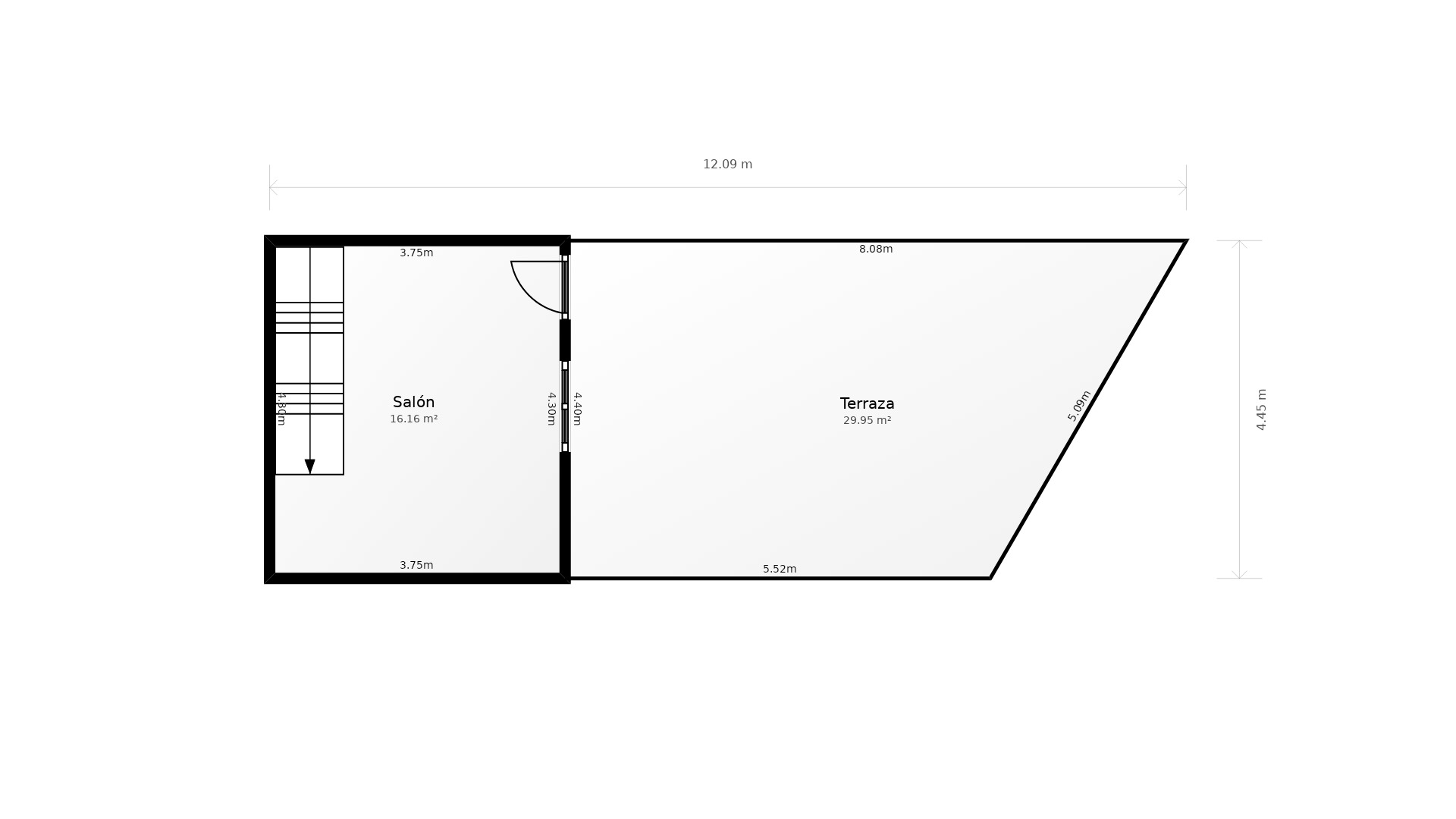 Plano detallado de la planta superior que muestra un salón de 16,16 m² conectado a una amplia terraza exterior de 29,95 m² con acceso por escalera.