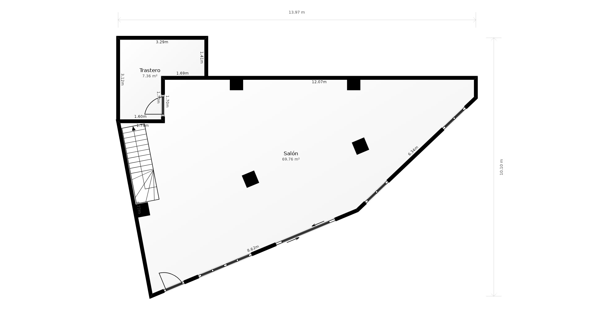 Plano técnico detallado de la planta principal que muestra un salón diáfano de 69,76 m², un trastero de 7,36 m² y la ubicación de las escaleras de acceso.