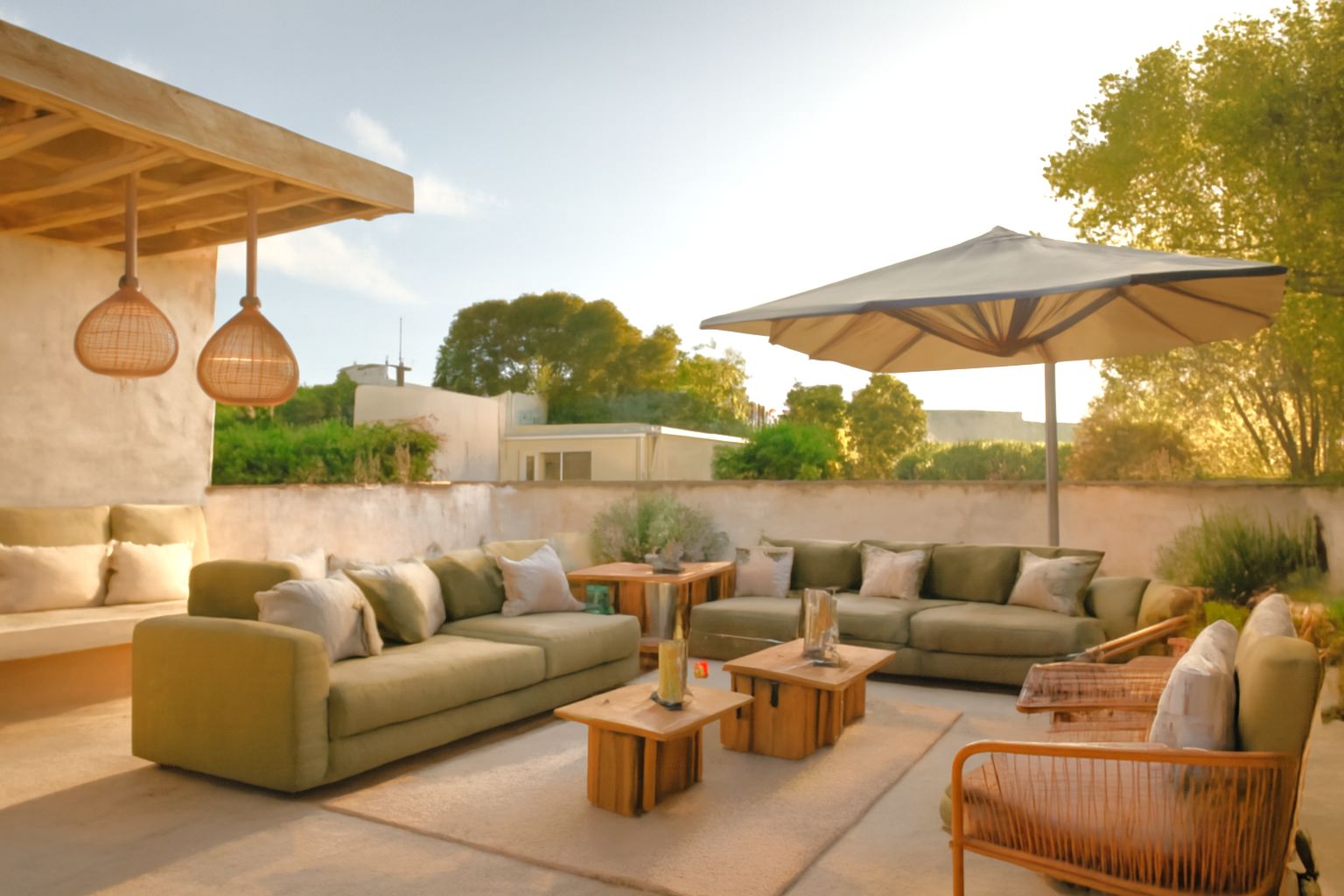 Terraza superior con zona chill-out equipada con sofás en tonos verdes, mesas de madera natural y lámparas de mimbre bajo un porche rústico.