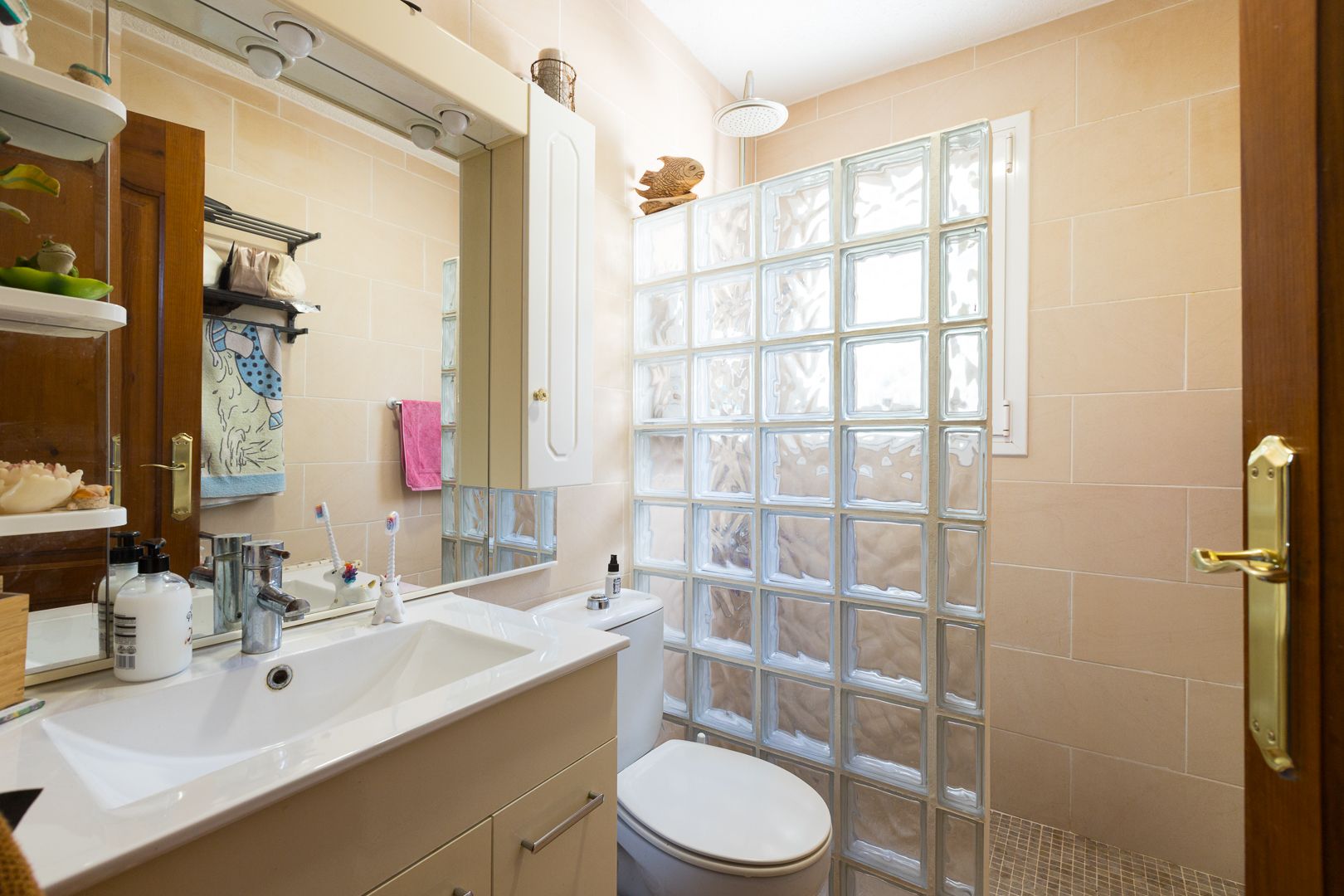 Cuarto de baño funcional con mueble de lavabo moderno, espejo iluminado y zona de ducha delimitada por un tabique de bloques de vidrio que aporta luminosidad natural.