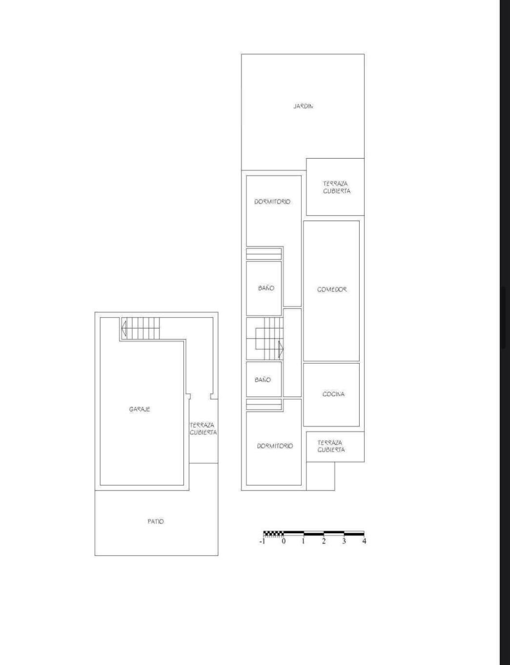 Plano detallado de la vivienda que muestra la distribución del garaje, dos dormitorios, dos baños, cocina abierta al comedor y acceso al jardín privado.