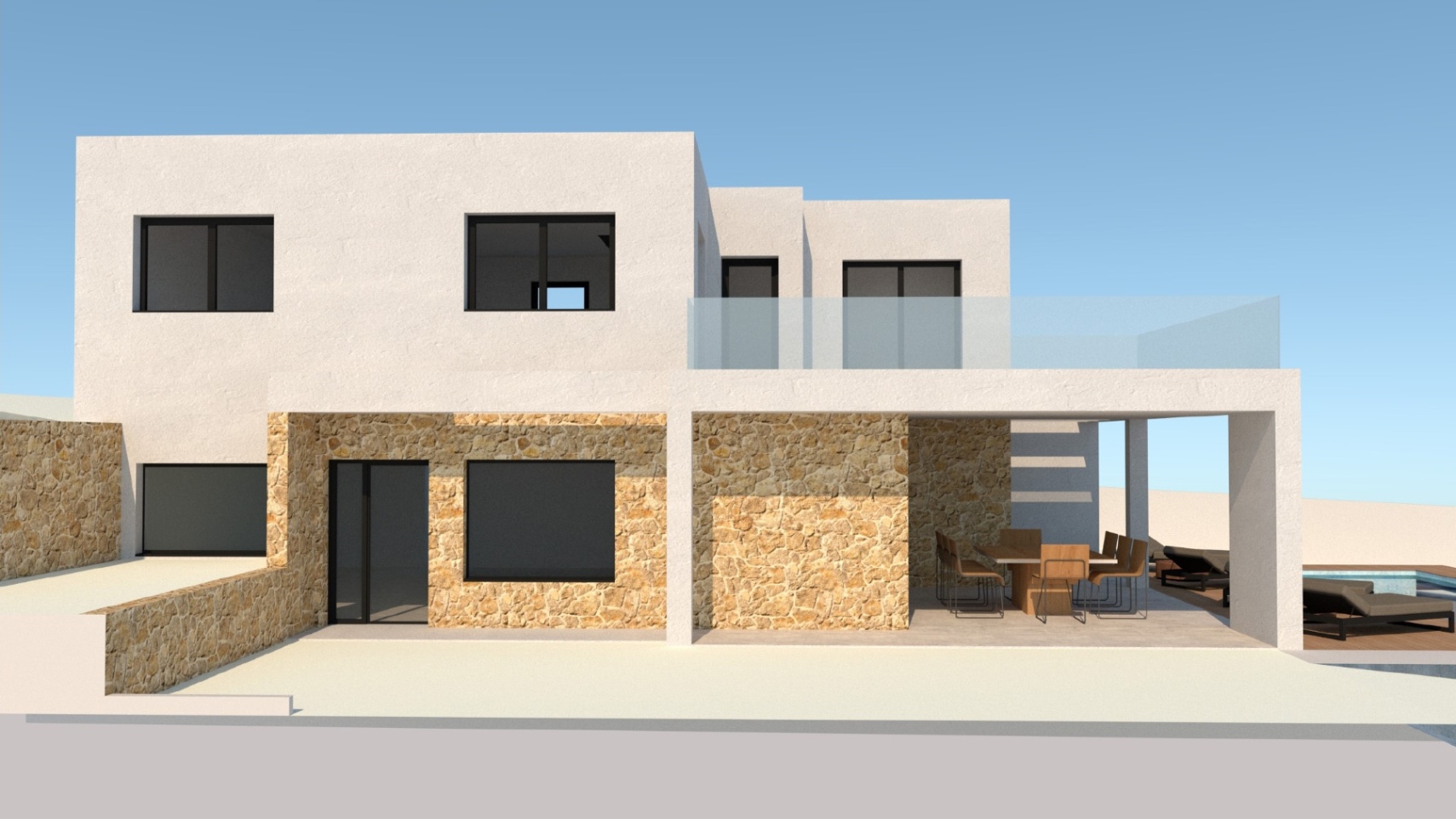 Fachada moderna con muros de piedra natural en planta baja, terraza superior con barandilla de cristal y comedor exterior cubierto junto a la zona de piscina.