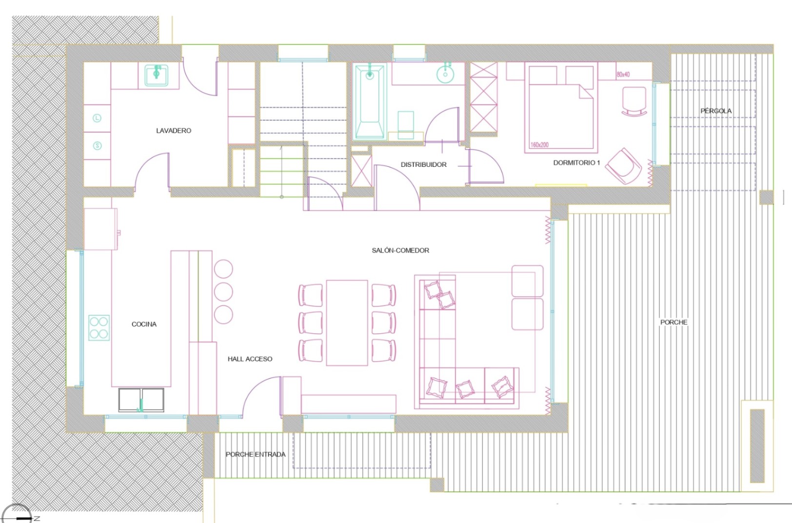 Plano técnico detallado de la planta baja que muestra un salón-comedor diáfano, cocina integrada, lavadero, un dormitorio y un extenso porche exterior con zona de pérgola.