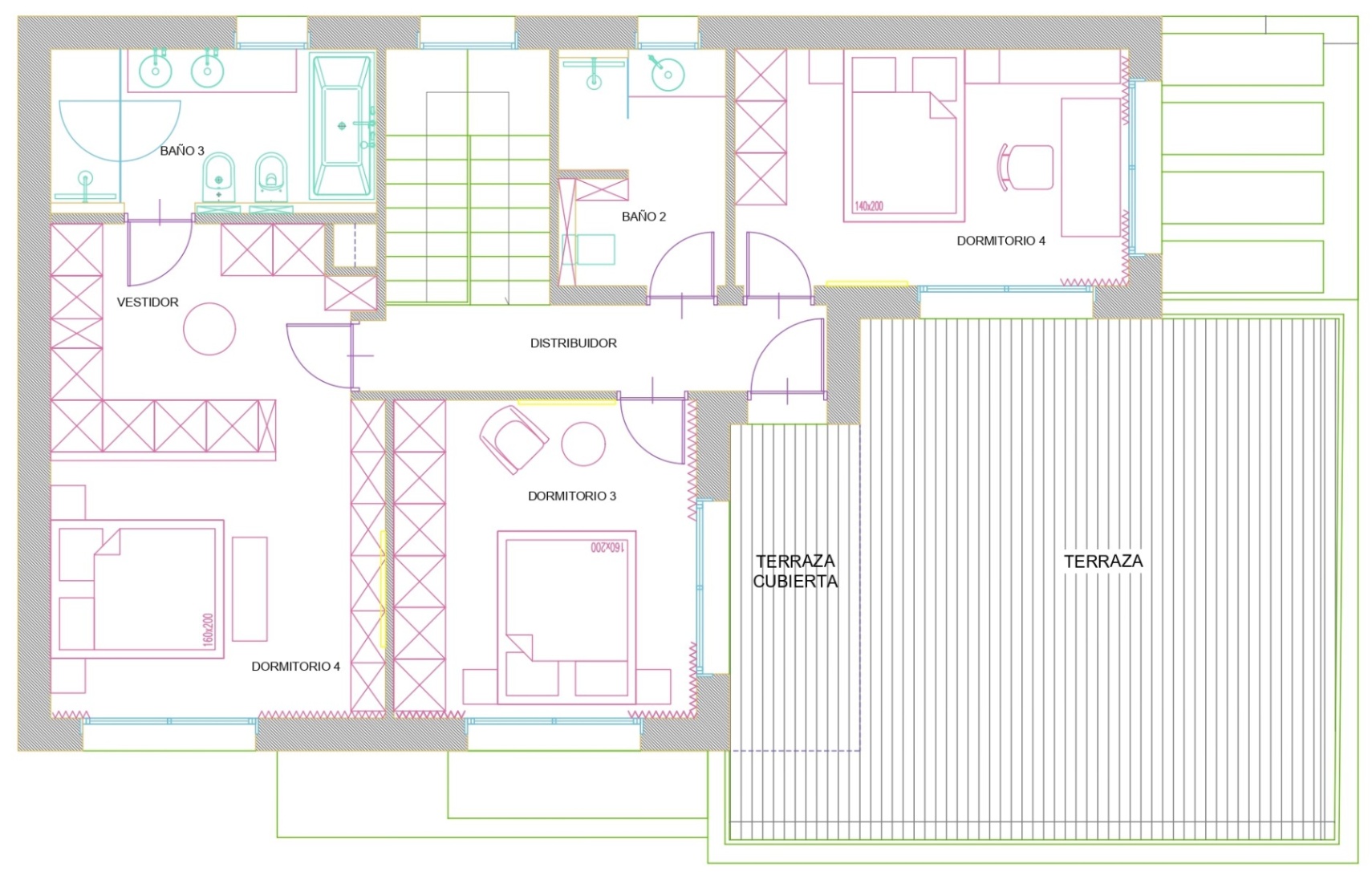 Plano técnico detallado de la planta superior con tres dormitorios, dos baños completos, vestidor y una extensa terraza con zona cubierta.