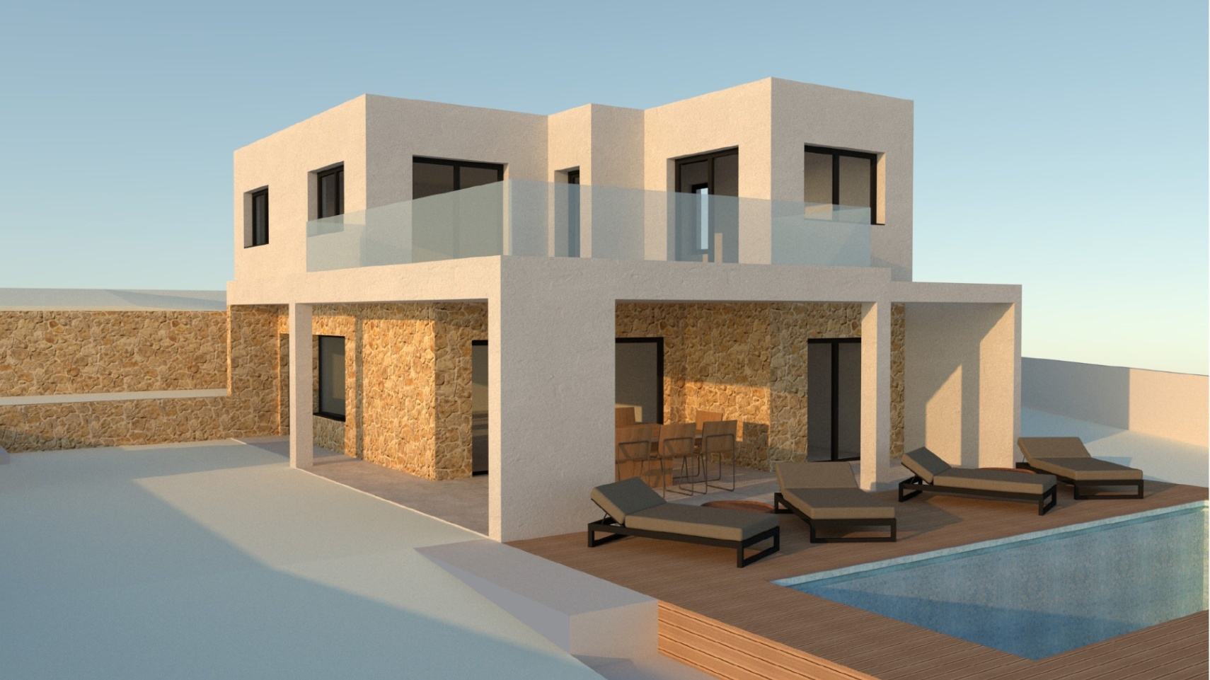 Render de villa contemporánea con fachada de piedra natural, piscina con tarima de madera y una amplia terraza superior con barandillas de cristal.