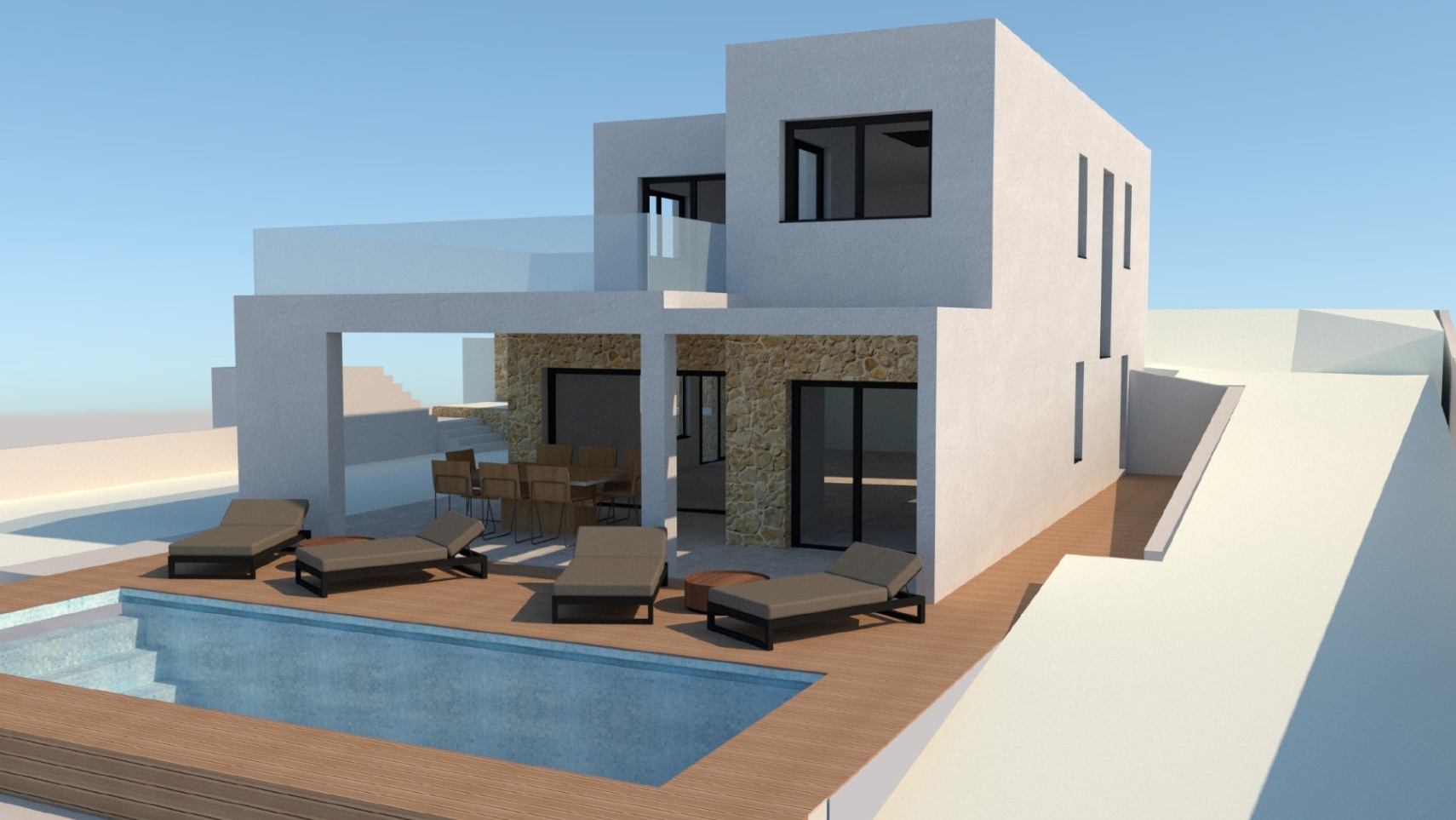 Render exterior de villa moderna con fachada blanca y piedra, piscina rectangular con tarima de madera, terraza cubierta y solárium en planta superior.