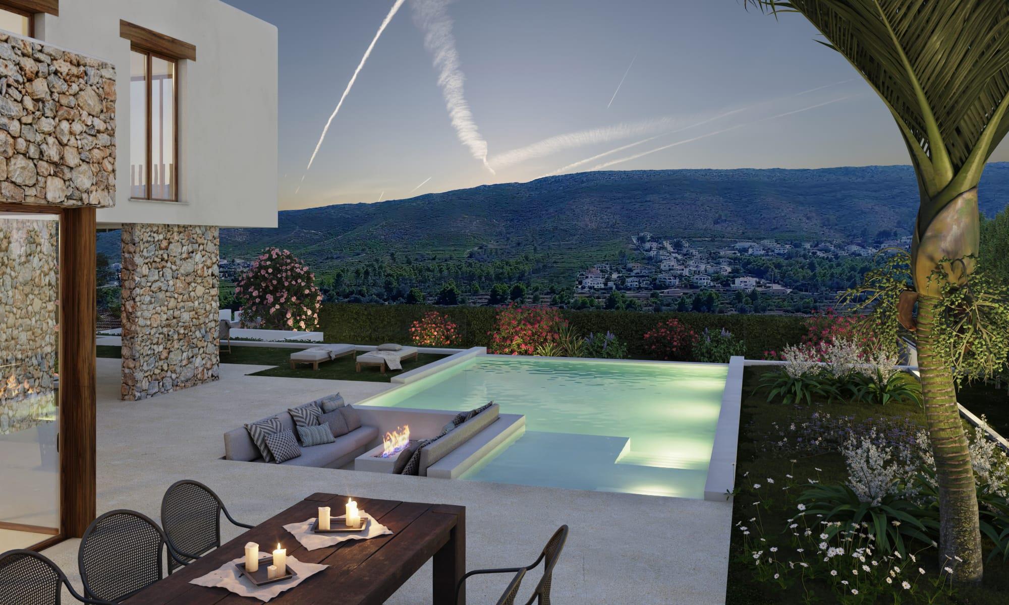 Terraza exterior con piscina infinity iluminada, zona de estar hundida con chimenea y comedor al aire libre frente a vistas panorámicas del valle y las montañas.