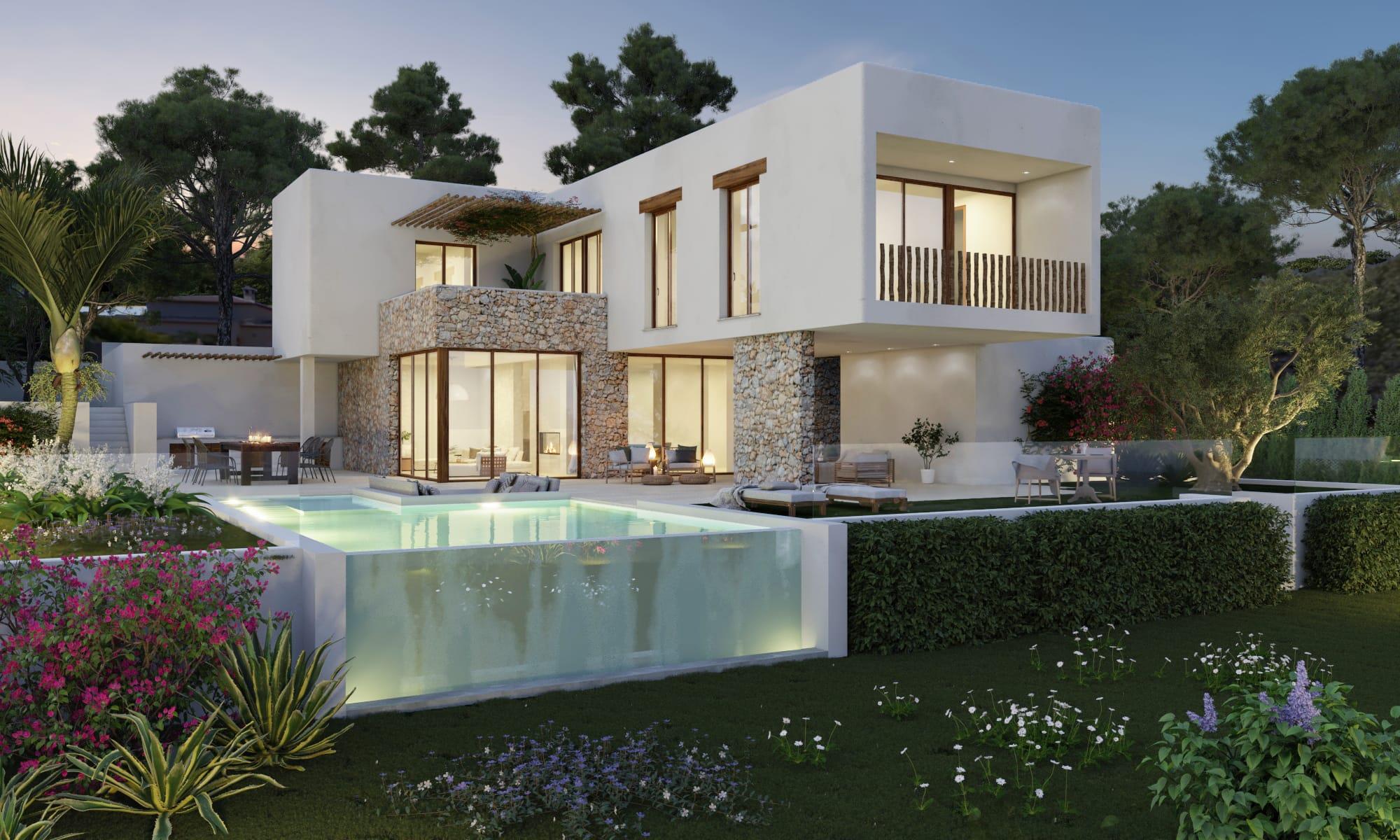 Vista exterior de la villa con fachada de piedra natural, piscina infinity con frontal de cristal y jardines mediterráneos iluminados al atardecer.