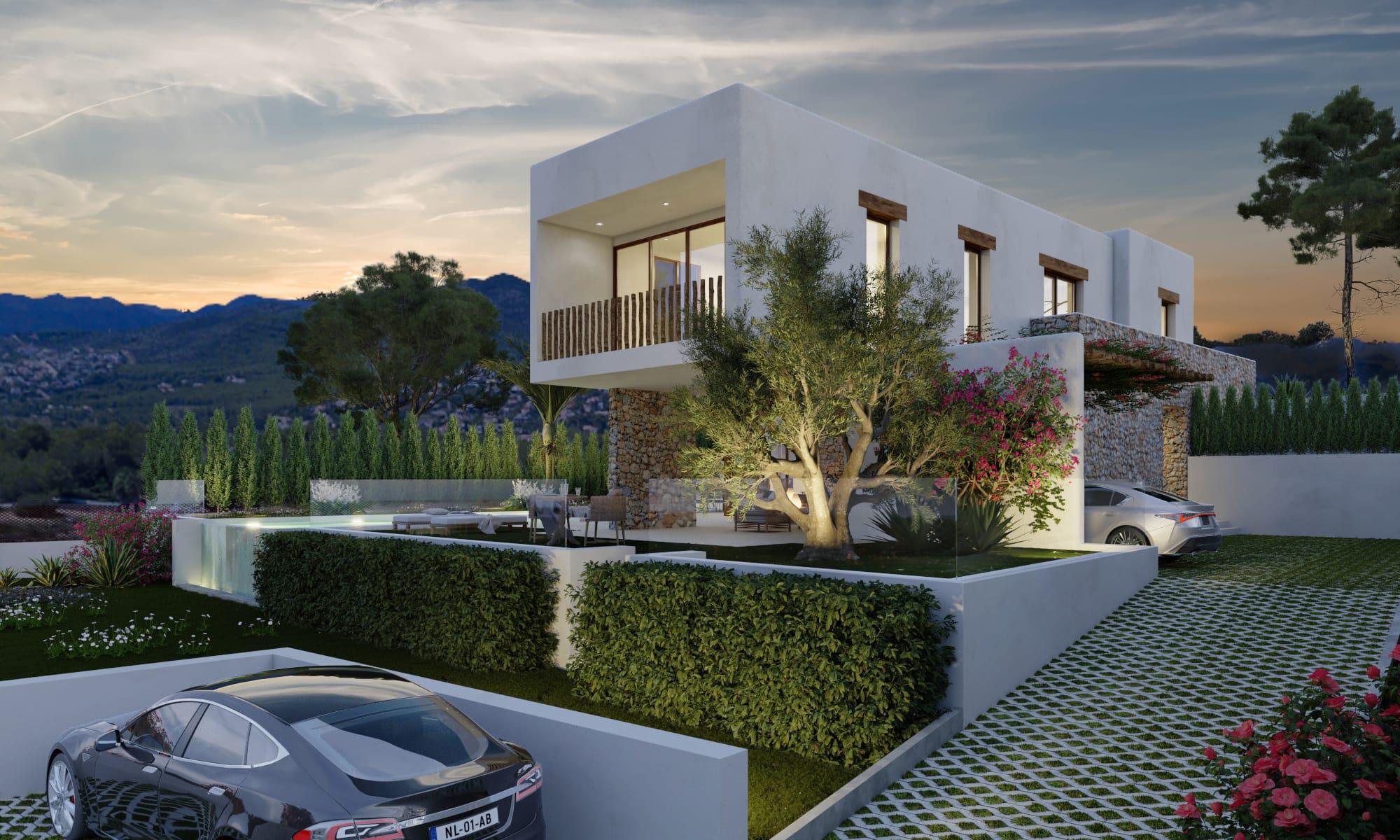 Vista exterior de villa estilo ibicenco con fachada blanca, muros de piedra natural, piscina infinity y jardín mediterráneo iluminado frente al valle.