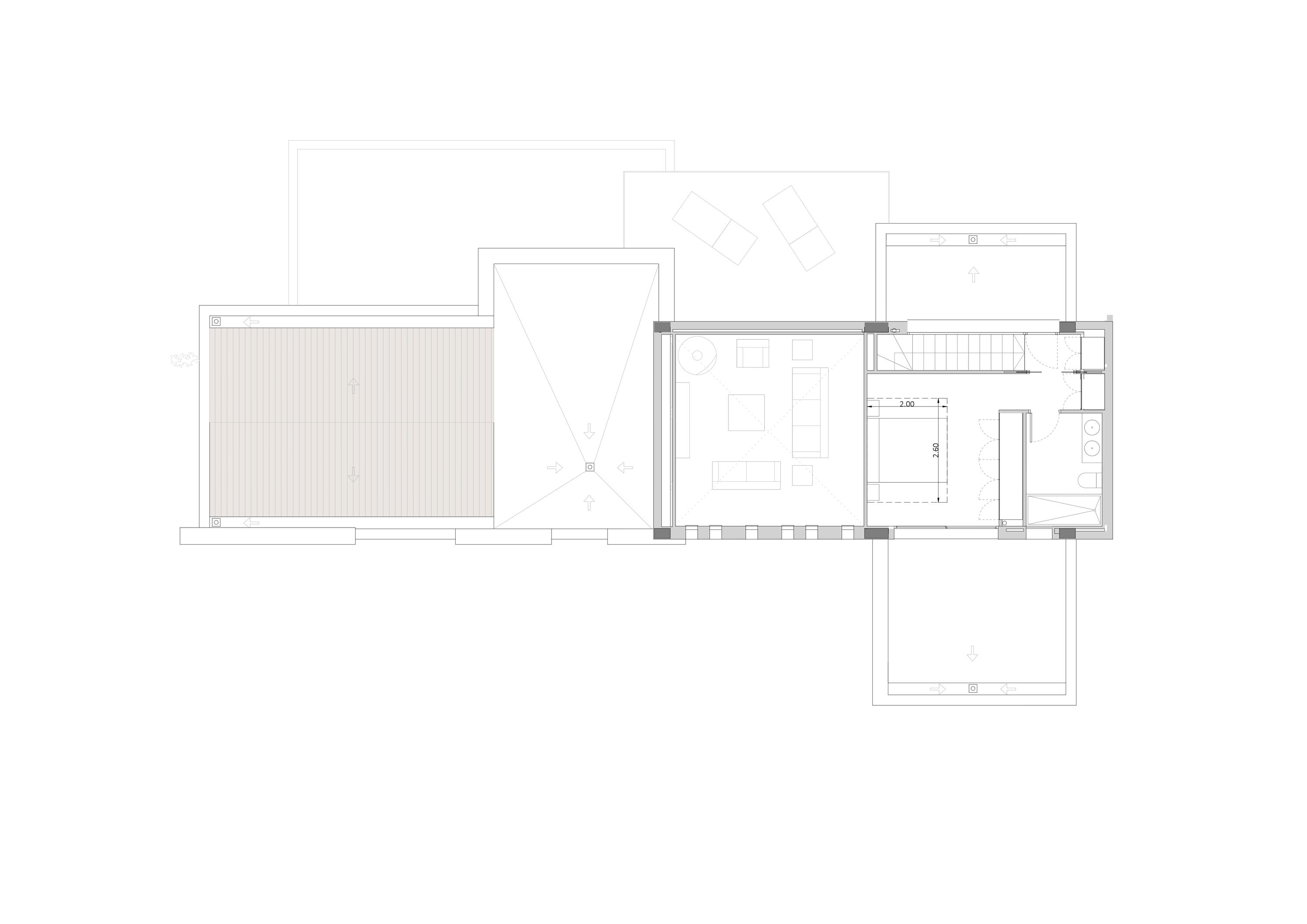 Plano técnico detallado de la planta superior que muestra la distribución del dormitorio principal con vestidor, baño privado, zona de estar y amplias terrazas exteriores.