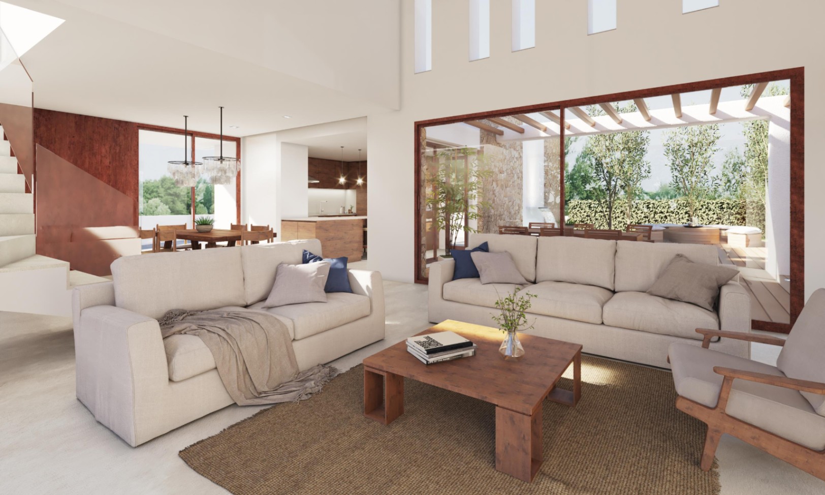 Salón de planta abierta con sofás en tonos neutros, mesa de centro de madera y grandes ventanales que conectan con la terraza exterior y el comedor.