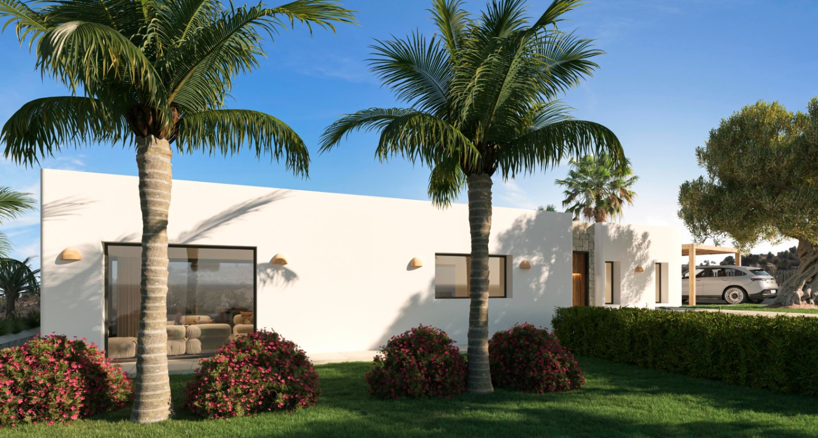 Fachada minimalista blanca con amplios ventanales y apliques cerámicos, integrada en un jardín con palmeras, césped cuidado y zona de aparcamiento lateral.