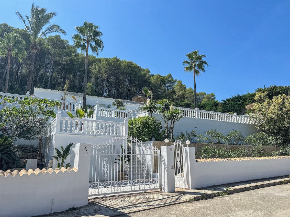 Fachada escalonada con terrazas de balaustrada blanca, portón de hierro forjado y entorno natural con palmeras y bosque de pinos.