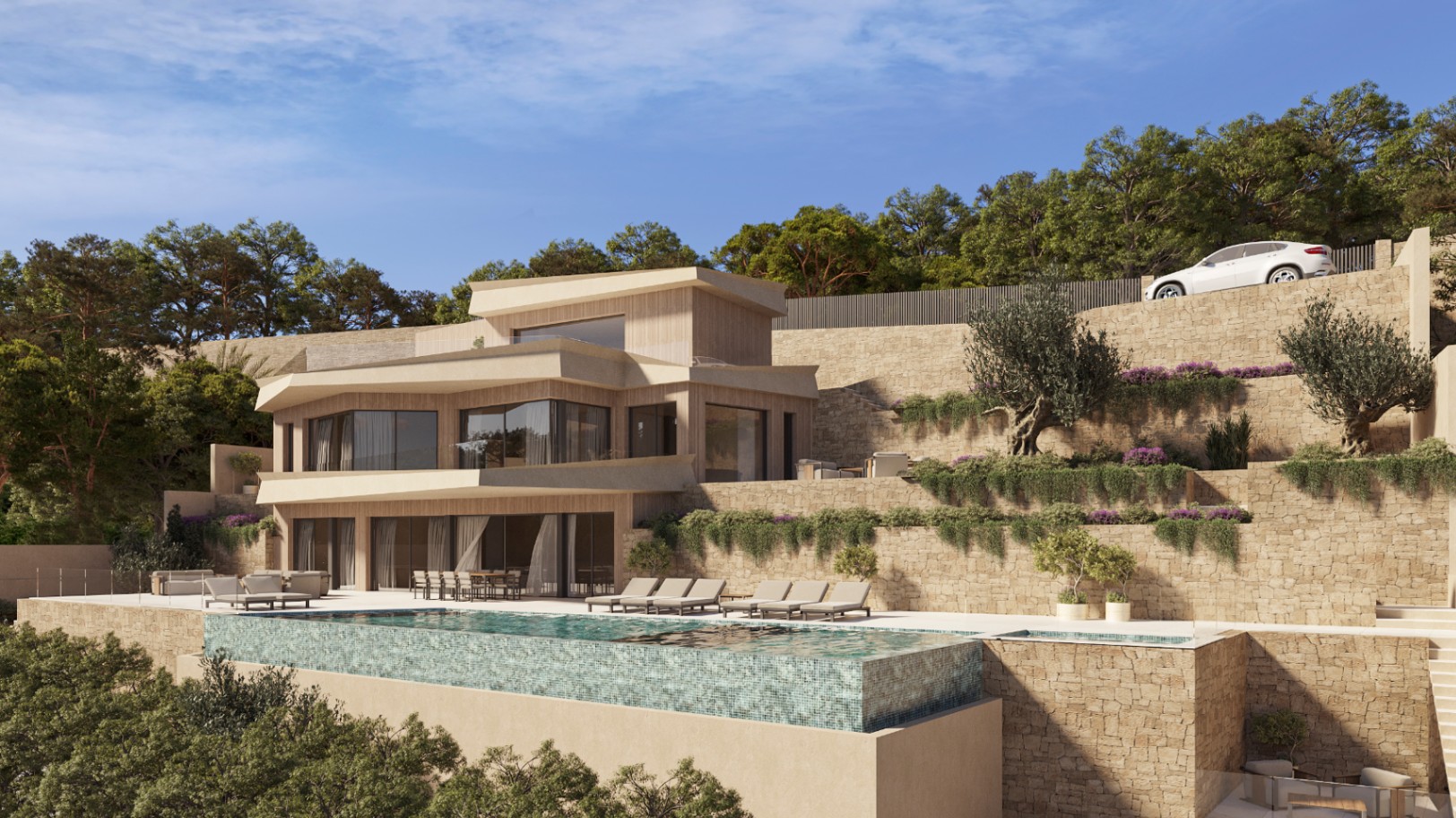 Exterior de villa moderna con piscina infinita, muros de piedra natural y terrazas ajardinadas. Fachada de madera y amplios ventanales integrados en la ladera.