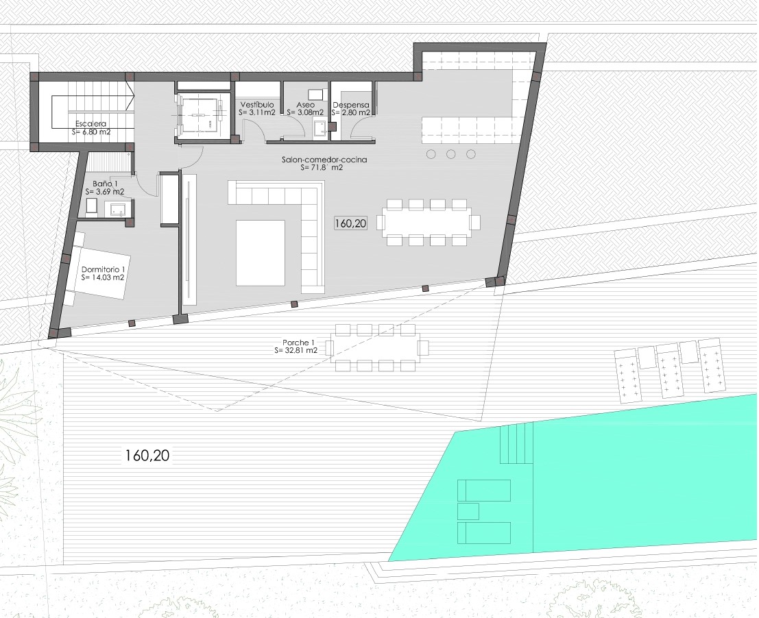 Plano detallado de la planta principal que muestra un amplio salón-comedor-cocina de 71 m², dormitorio con baño en suite y acceso directo al porche y la zona de piscina.