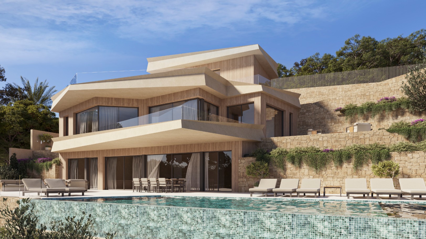Vista exterior de la villa con arquitectura angular, fachada de madera, muros de piedra, piscina de mosaico y terrazas con barandillas de cristal.
