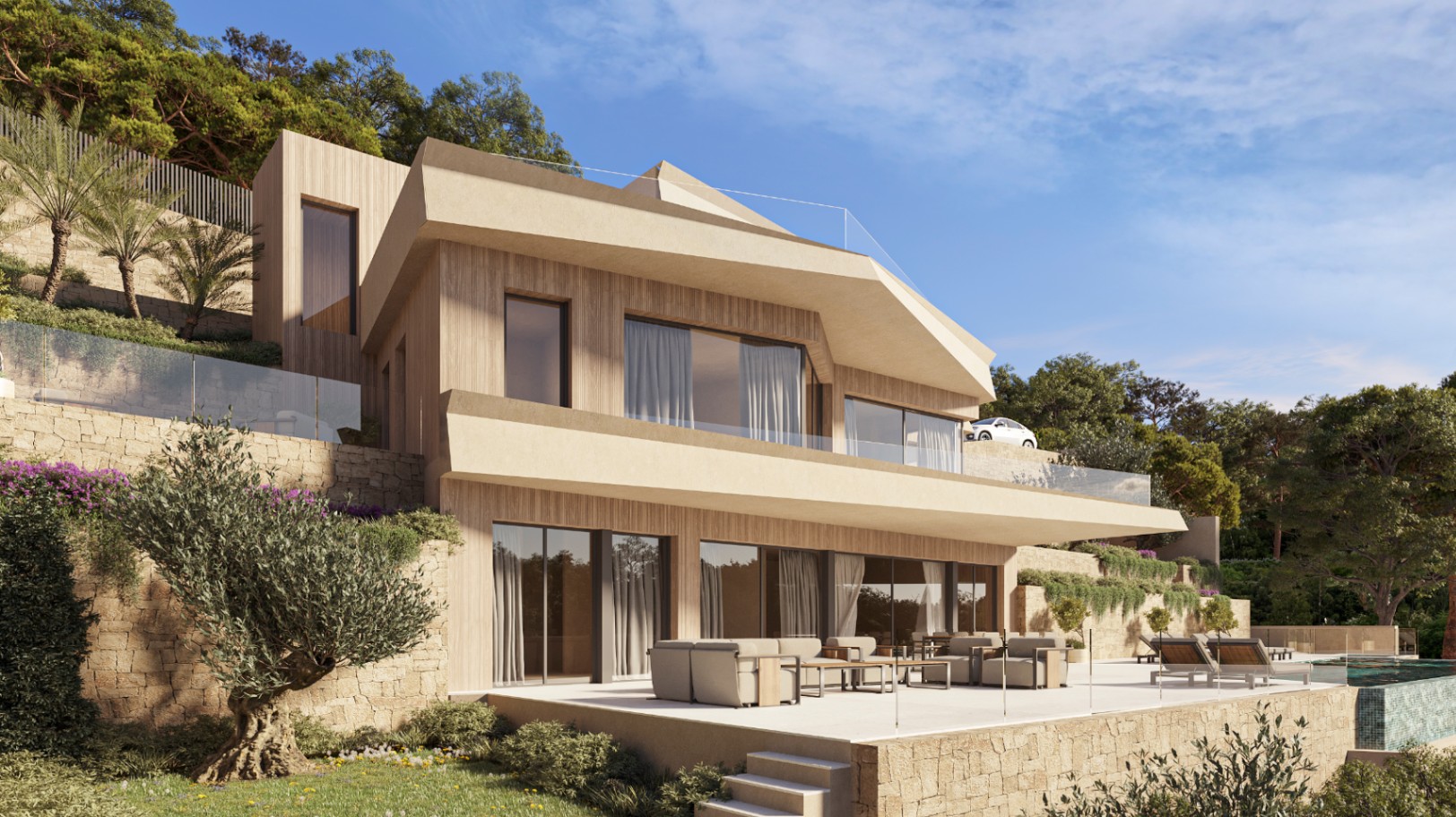 Vista exterior de la villa moderna con fachada de madera y piedra, amplias terrazas con barandillas de cristal, zona de estar exterior y piscina infinita rodeada de jardines mediterráneos.