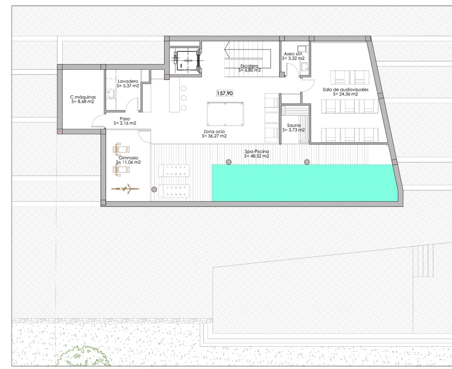 Plano arquitectónico del sótano con gimnasio, spa-piscina, sauna y sala de audiovisuales.