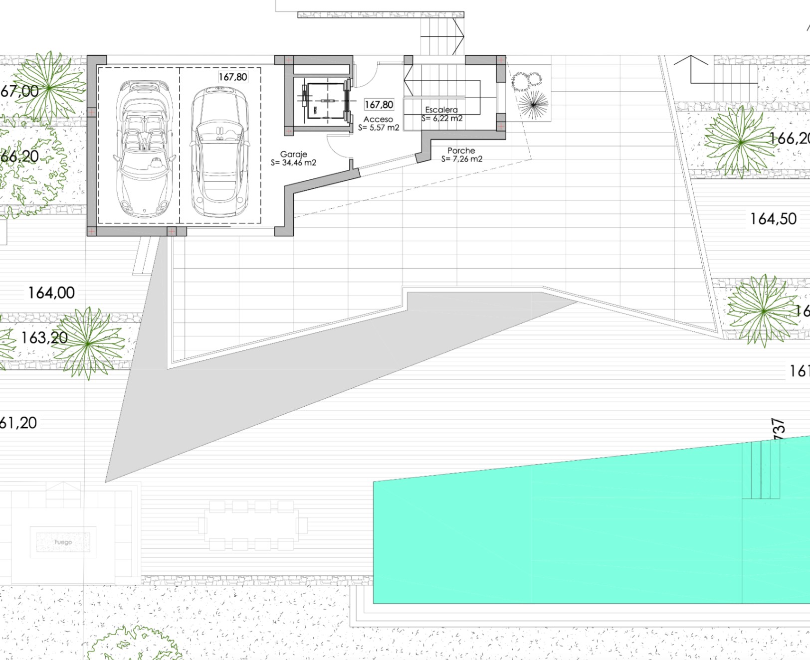Plano arquitectónico: garaje doble, acceso, escalera, porche y piscina.