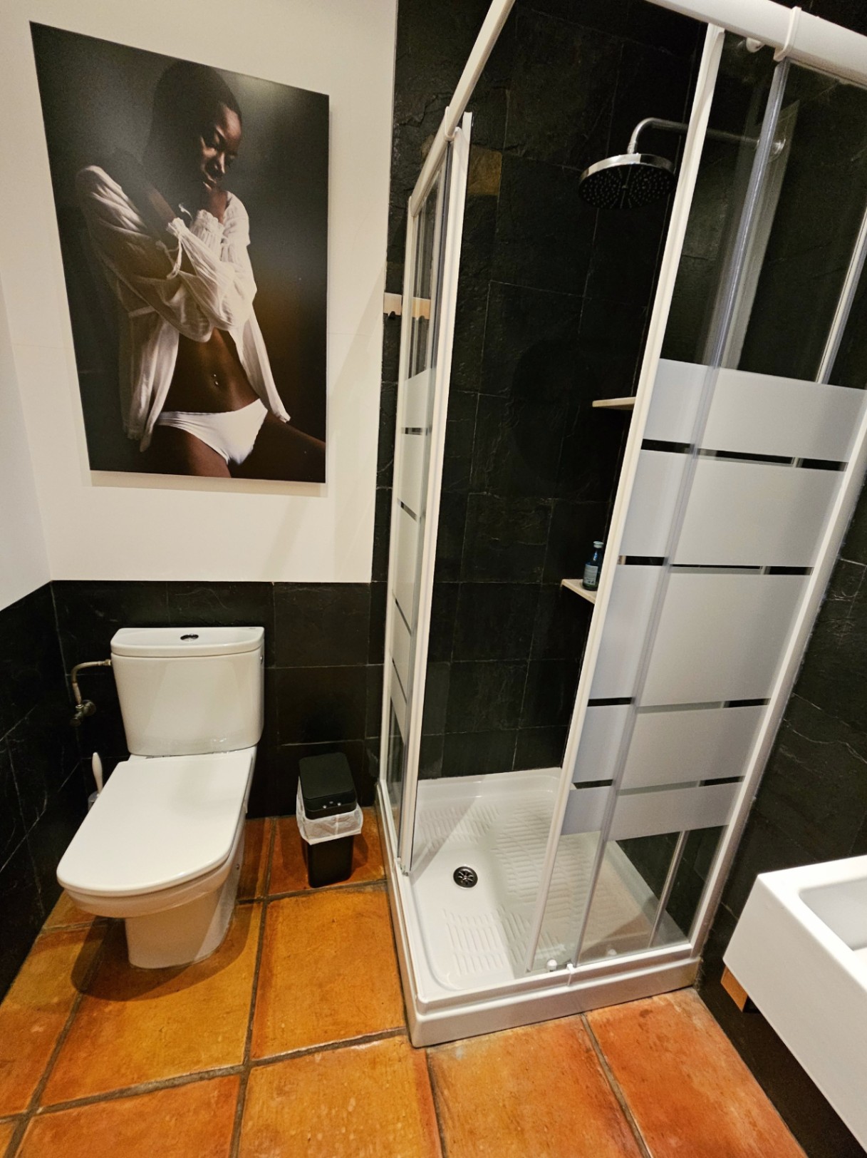 Baño con ducha acristalada, paredes de piedra oscura y suelos de barro artesanal. Incluye sanitarios modernos y una decoración artística contemporánea.