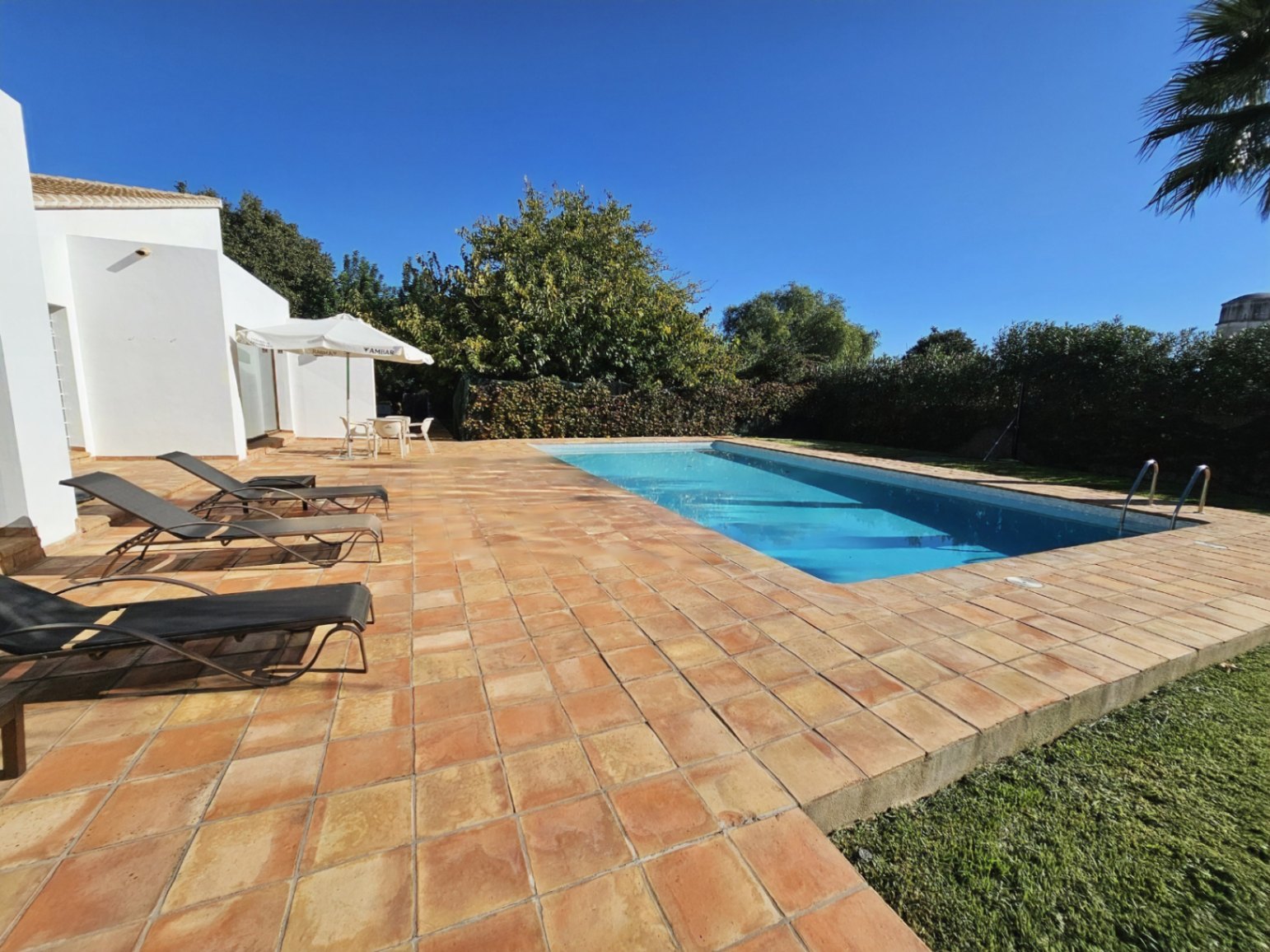 Zona de piscina rectangular rodeada por una amplia terraza de baldosas de barro hechas a mano, con tumbonas y vistas al jardín mediterráneo maduro.