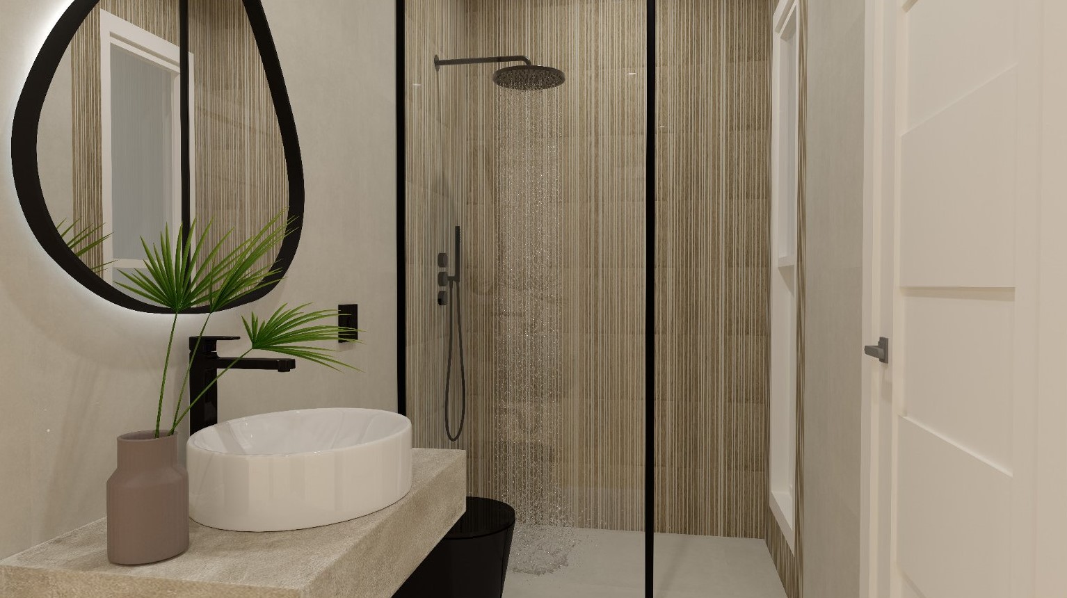 Baño moderno con ducha italiana de pared texturizada, lavabo sobre encimera de piedra y espejo retroiluminado con perfil negro.