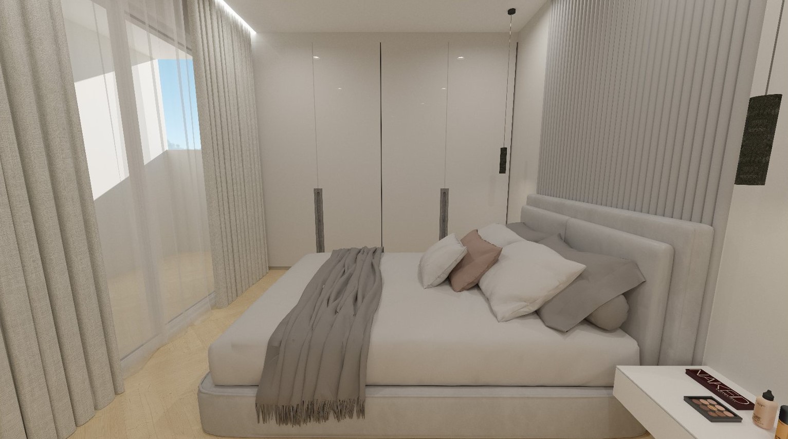 Dormitorio moderno con armarios empotrados blancos, pared decorativa de listones verticales y acceso directo a la terraza mediante ventanales.