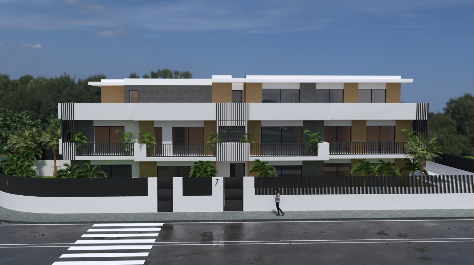 Fachada exterior de diseño contemporáneo con acabados en blanco, gris y madera, destacando sus amplias terrazas, cerramientos negros y vegetación mediterránea integrada.