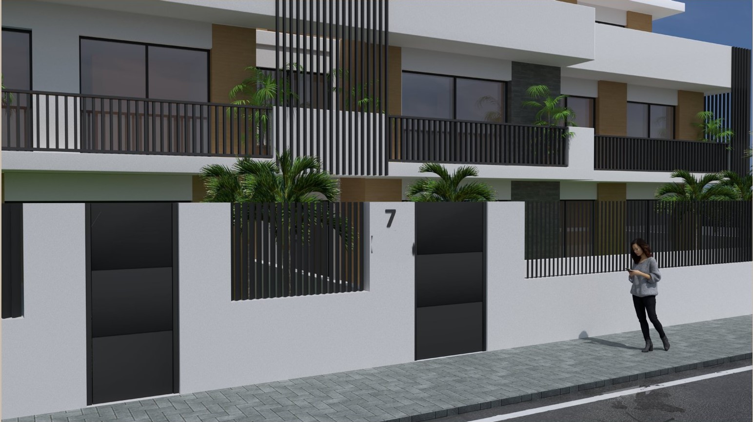 Fachada exterior moderna con muros blancos, carpintería negra y detalles en madera. Destacan las barandillas de listones verticales y el acceso peatonal desde la calle.