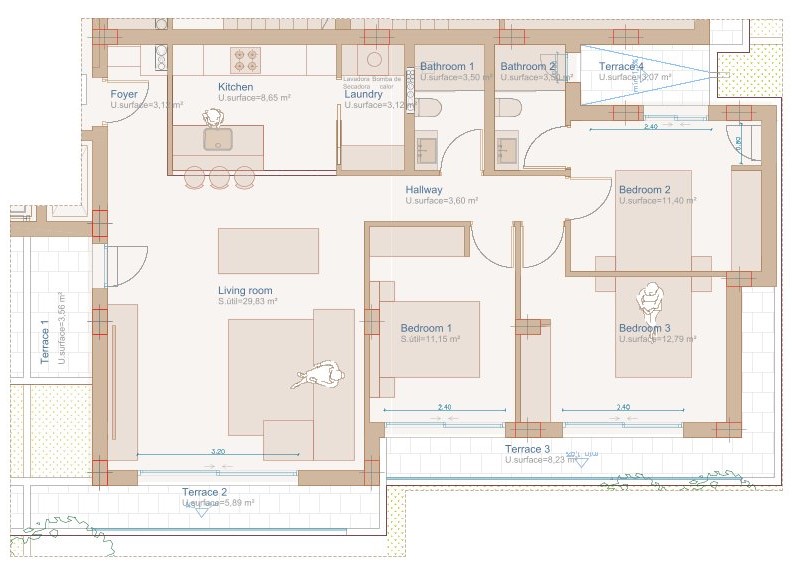 Plano detallado de la vivienda de tres dormitorios, salón-comedor de planta abierta, cocina integrada y cuatro terrazas privadas que optimizan el espacio exterior.