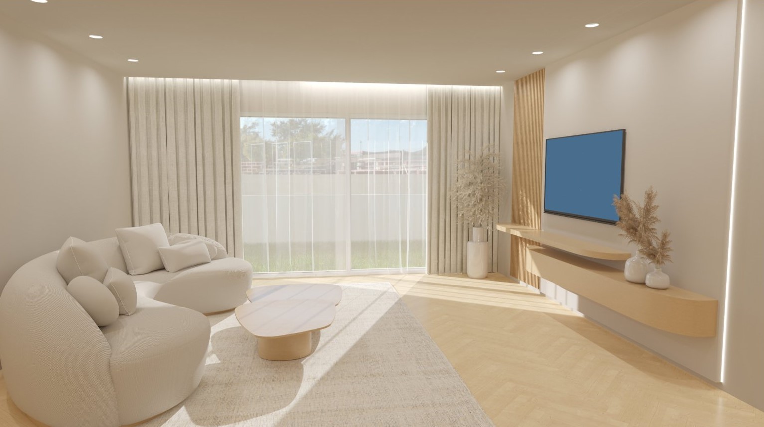 Salón moderno con sofá curvo, suelos de espiga y carpintería de madera integrada. Grandes ventanales con acceso a la terraza aportan abundante luz natural al espacio.