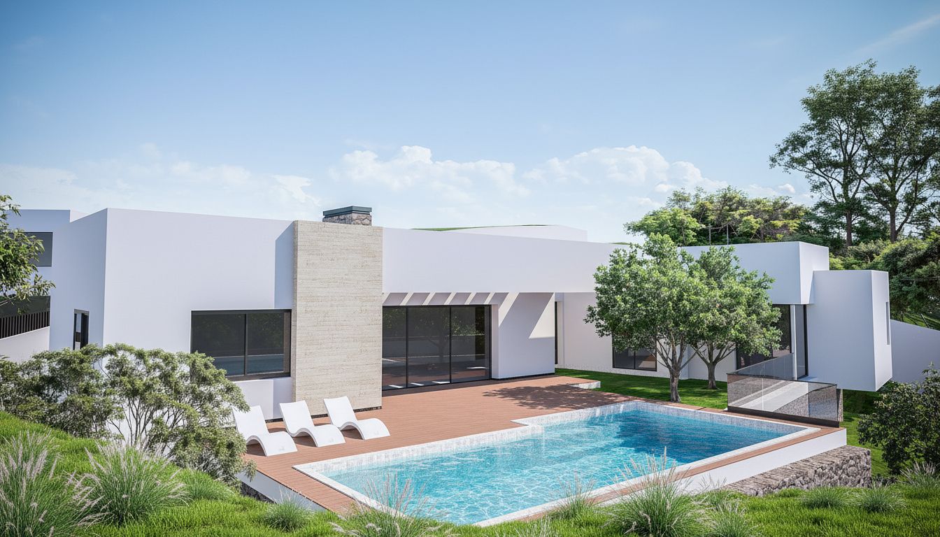 Exterior de la villa moderna con piscina rectangular, terraza de madera y fachada minimalista blanca con detalles en piedra natural y amplios ventanales.