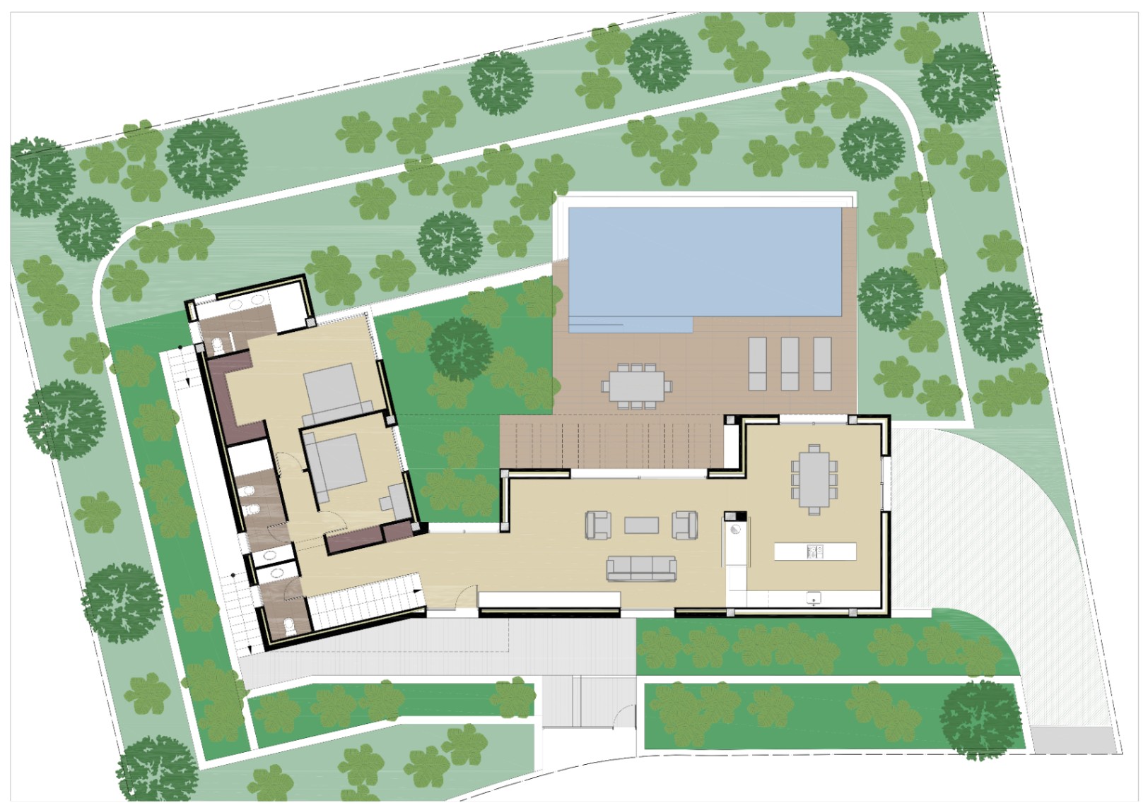 Plano detallado de la planta principal que muestra la distribución de la zona de día abierta, dos dormitorios y la amplia terraza con piscina y jardín mediterráneo.